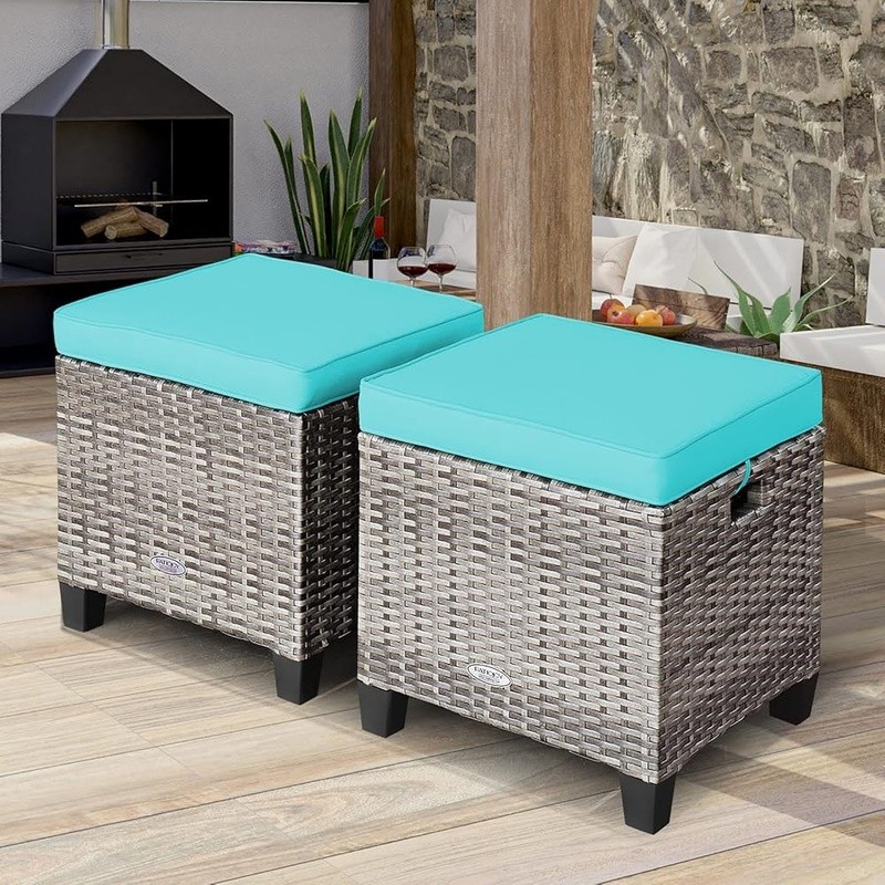 2 in 1 Outdoor Wicker Ottoman Set Multipurpose Footrest Portable Patio Furniture