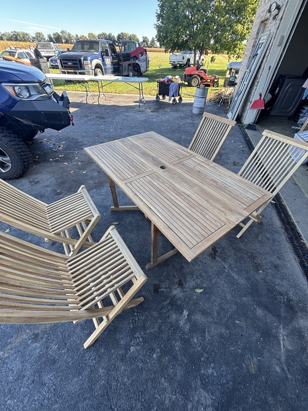Solid Teak Wood Outdoor Dining Table Set – 4 Chairs + Folding Table