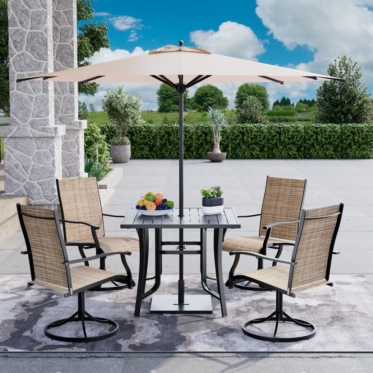 5 Piece Patio Dining Set,4 Swivel Chairs, 1 Iron Square Table