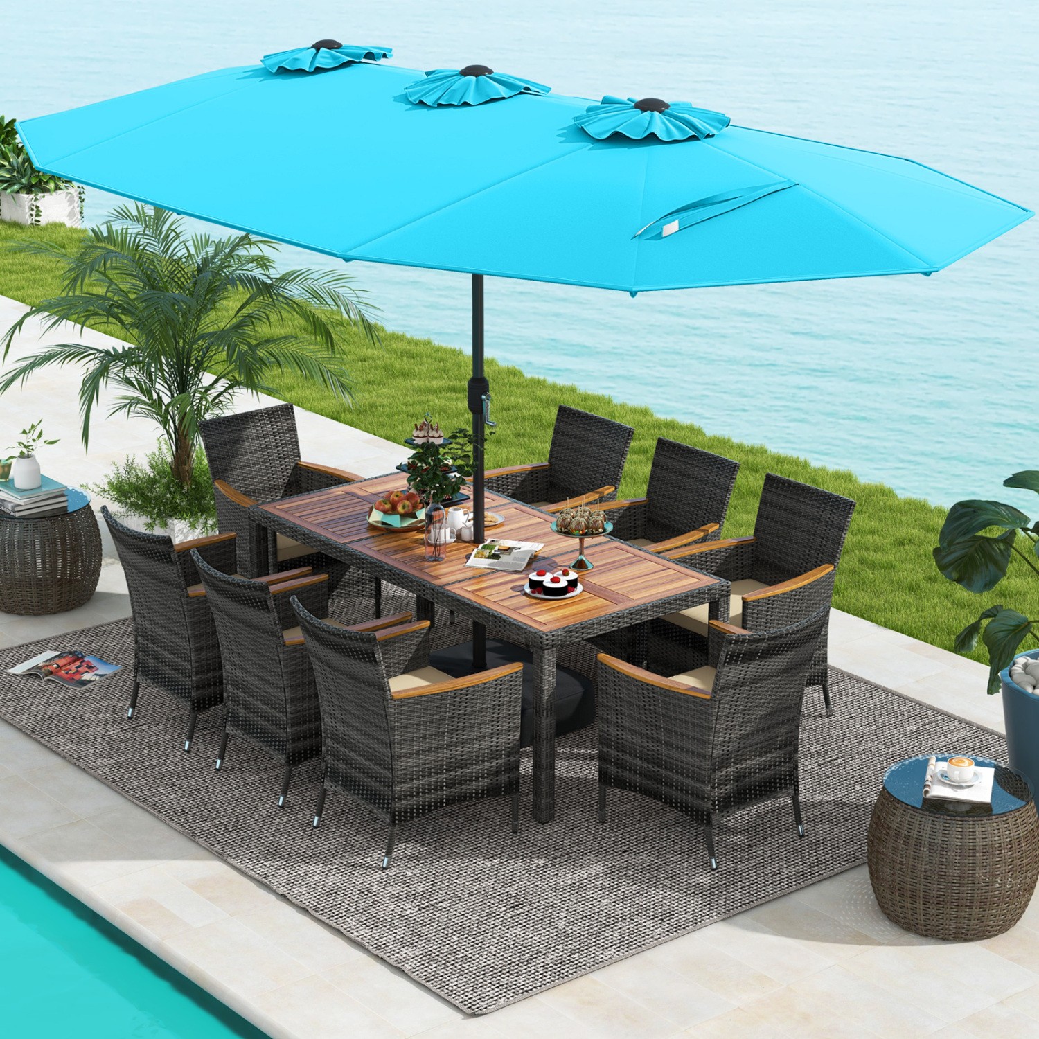 10Pcs Patio Wicker Dining Set 15Ft Double-Sided Umbrella Turquoise