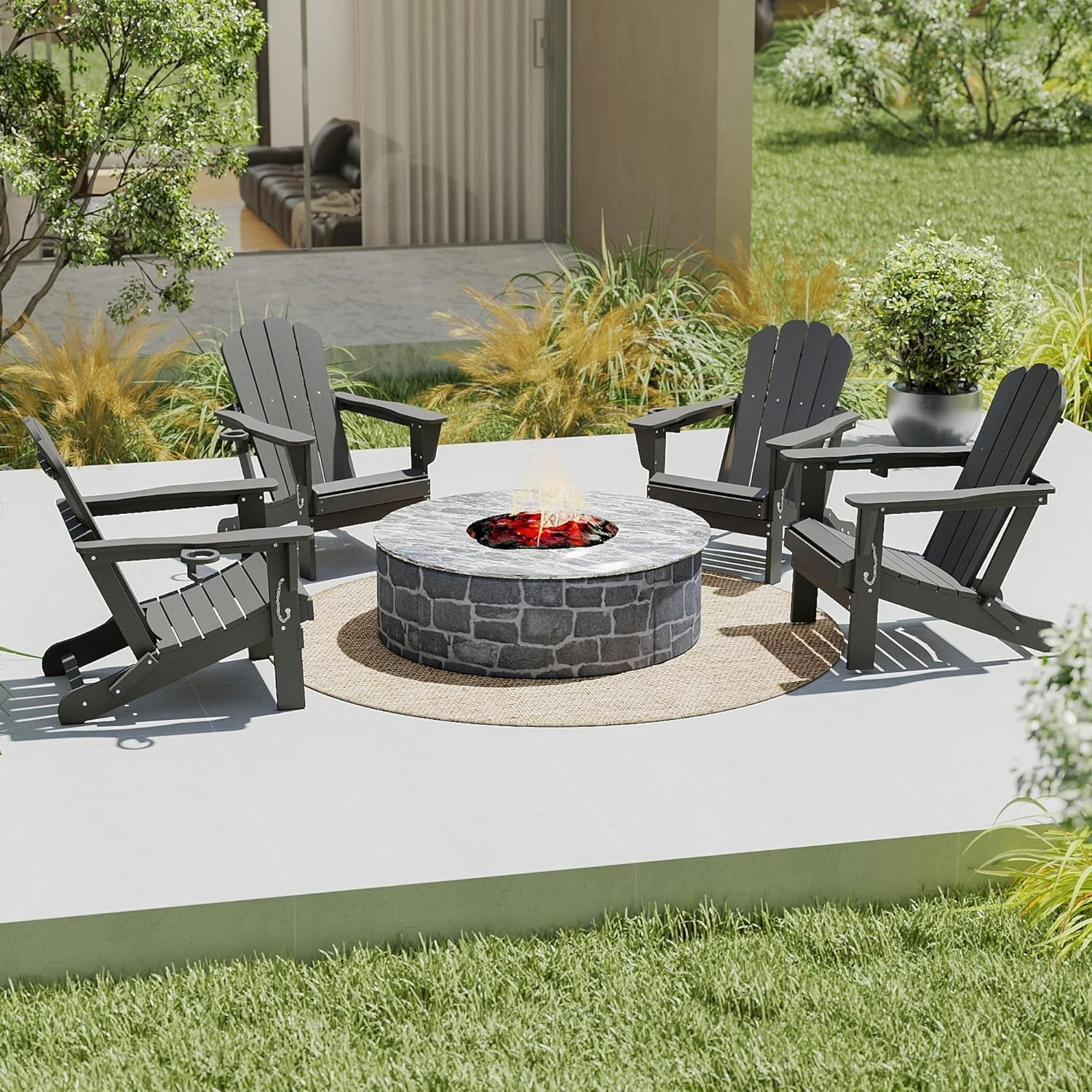 4pcs All-Weather HDPE Folding Adirondack Chair Fire Pit Chair w/Cup Holder,Grey