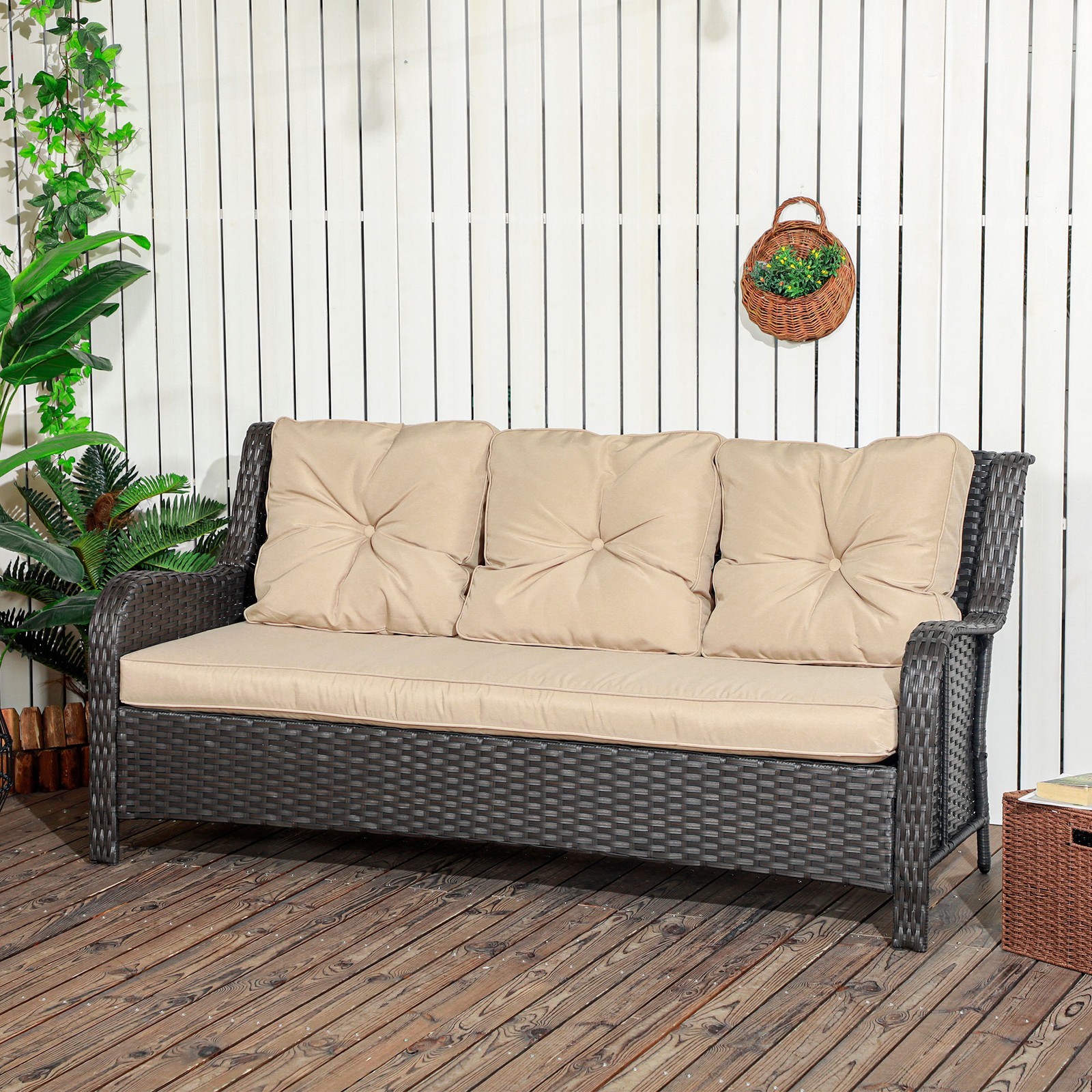 Outsunny 3-Seater Outdoor Sofa w/ 4″ Thick Cushions, Outdoor Couch