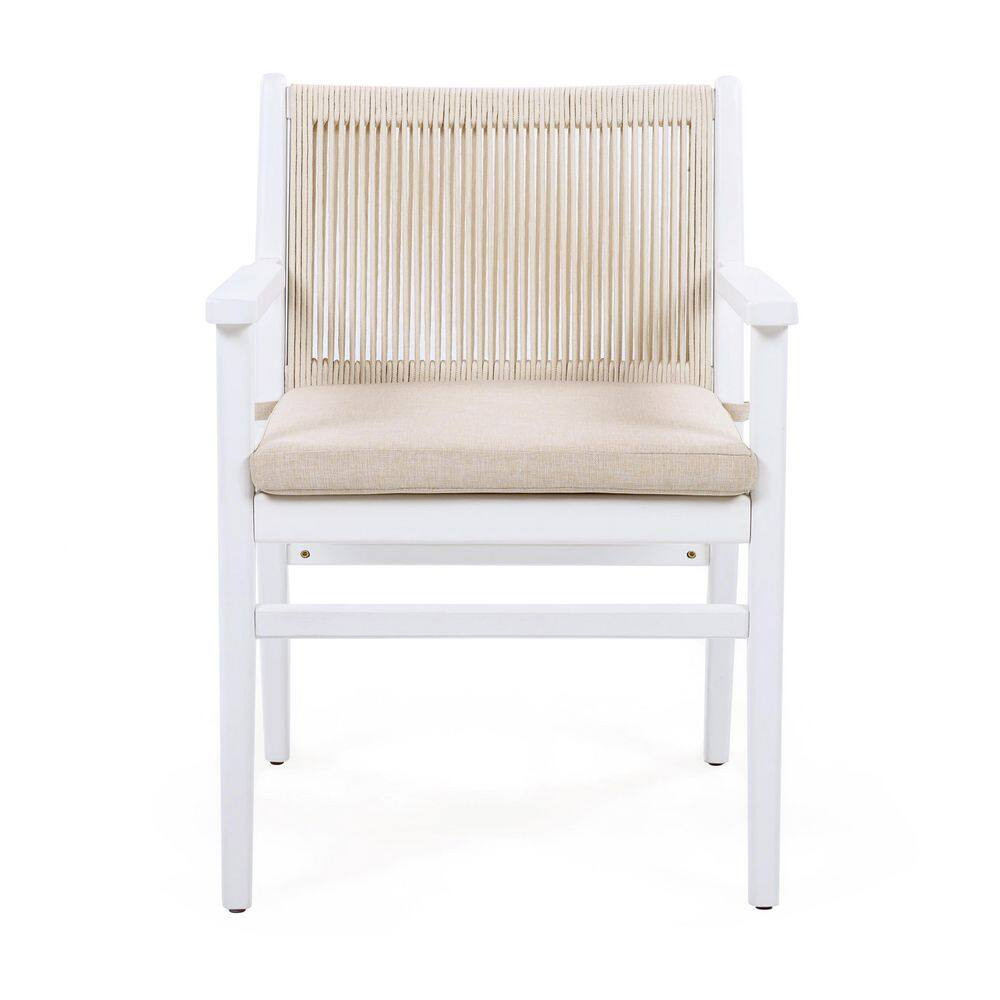 2-Piece Outdoor Dining Chairs Acacia Wood Patio Armchair with Rope and Cushion,