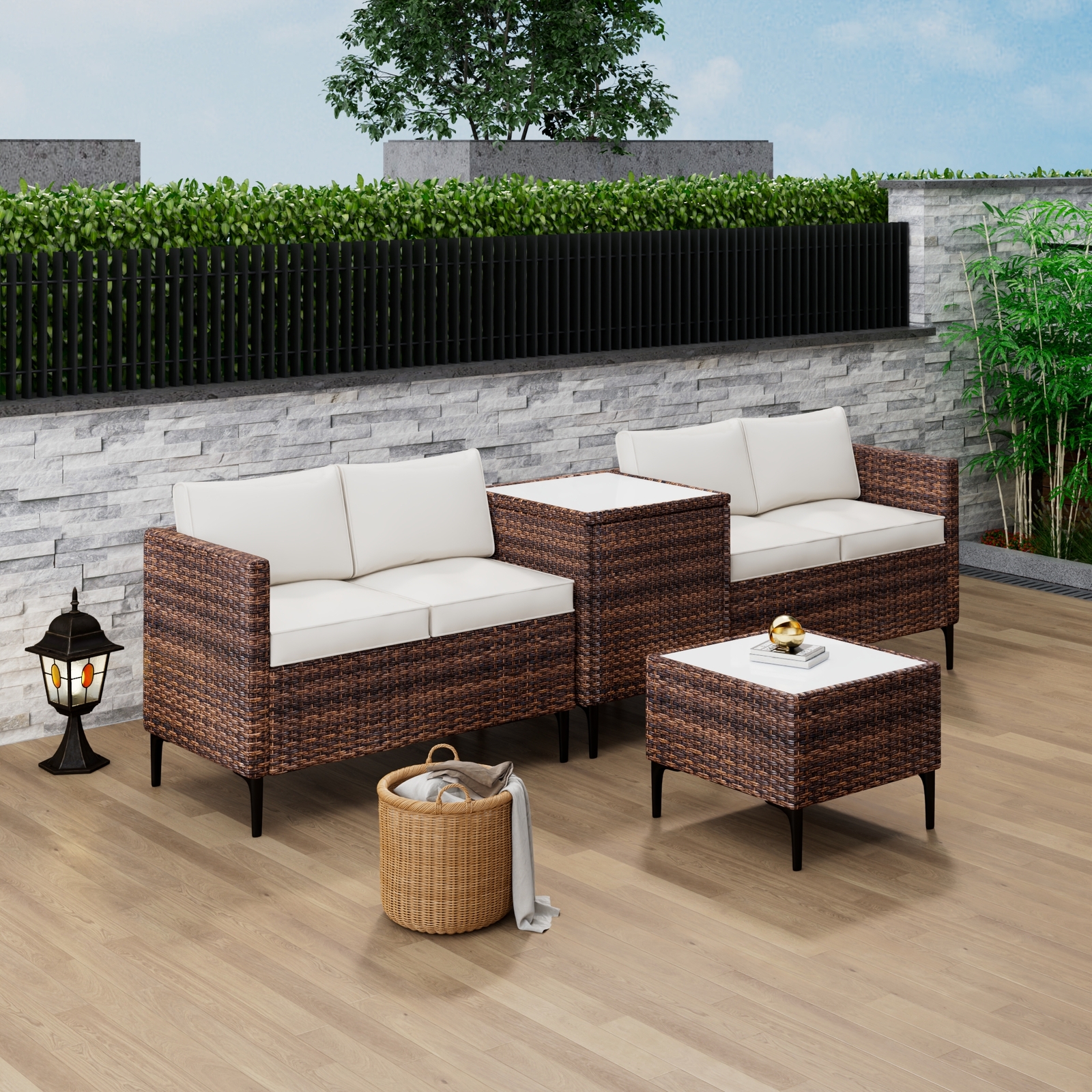 4-Piece Outdoor Modular Patio Set with Storage, PE Rattan, UV/Weatherproof