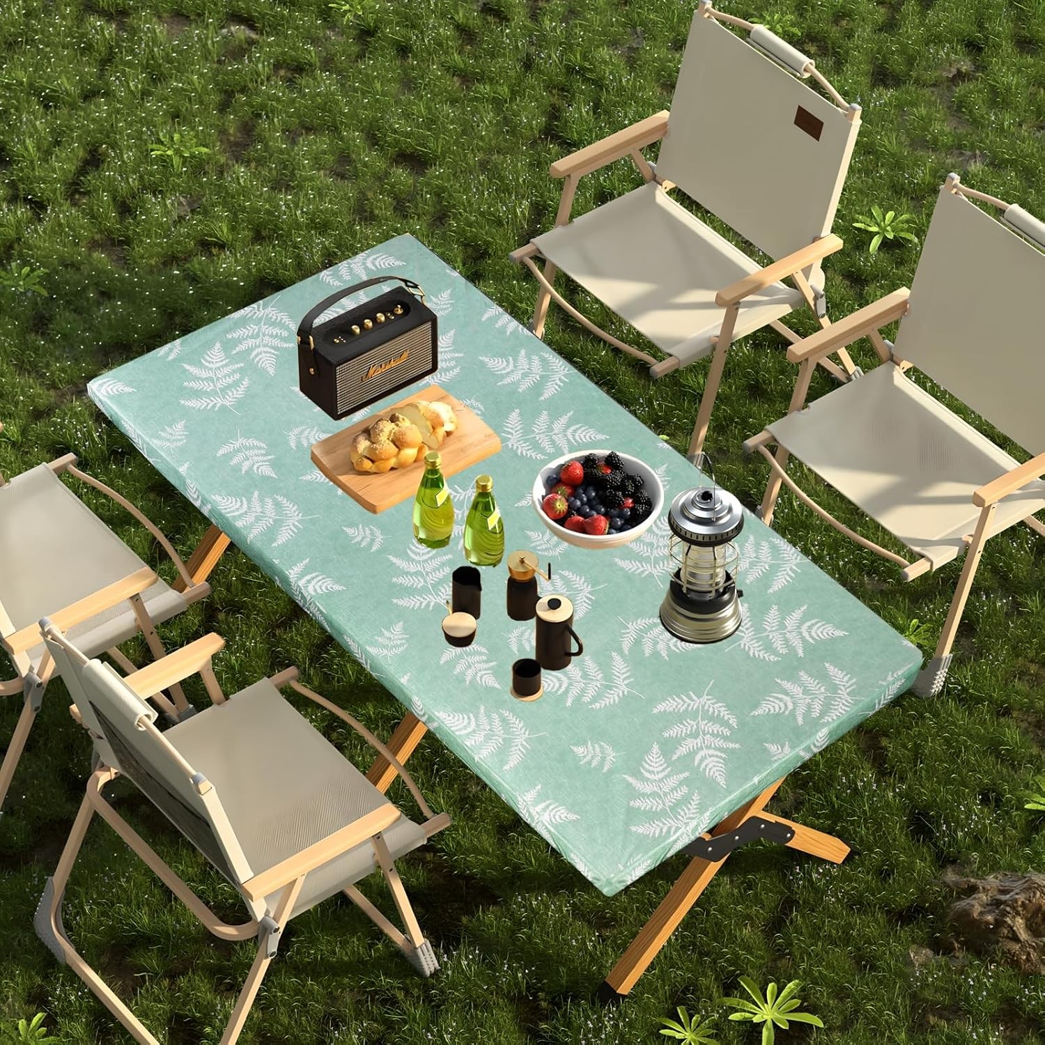 Fitted Tablecloth for 6 Foot Rectangle Tables Green Table Cloth Picnic Vinyl
