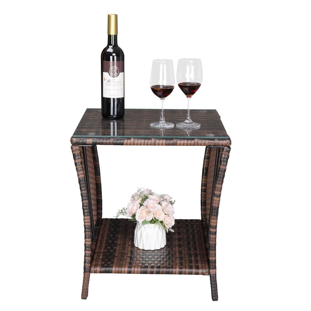 Square Rattan Wicker Glass Top Side Tea Table Patio Furniture Outdoor Storage