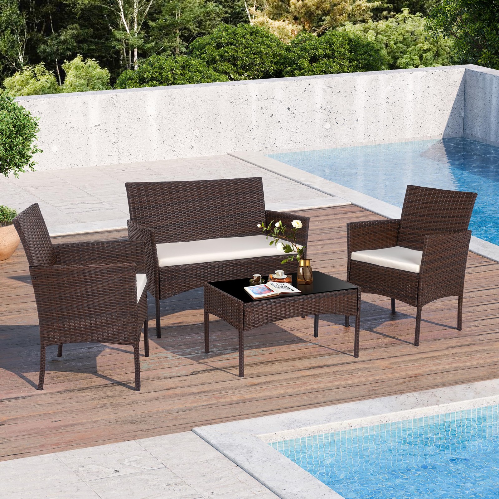 Juego De Sillas Sillón Loveseat Con Mesa Cojines 4 Piezas Para Patio Exterior