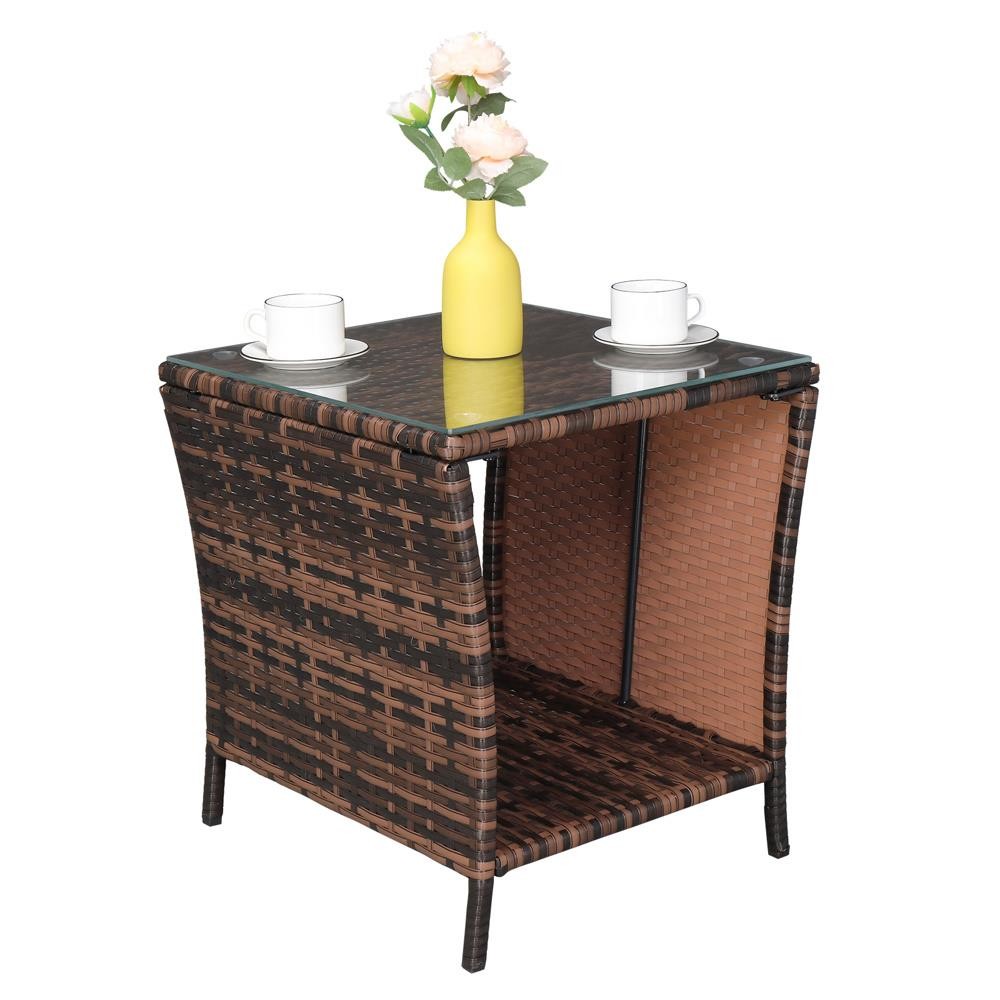 Square Rattan Wicker Glass Top Side Tea Table Patio Furniture Outdoor Storage