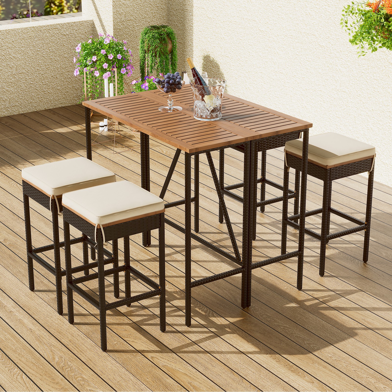 Patio Dining Set,Rattan Bar Height Dining Table w/Foldable Wood Tabletop &Stools