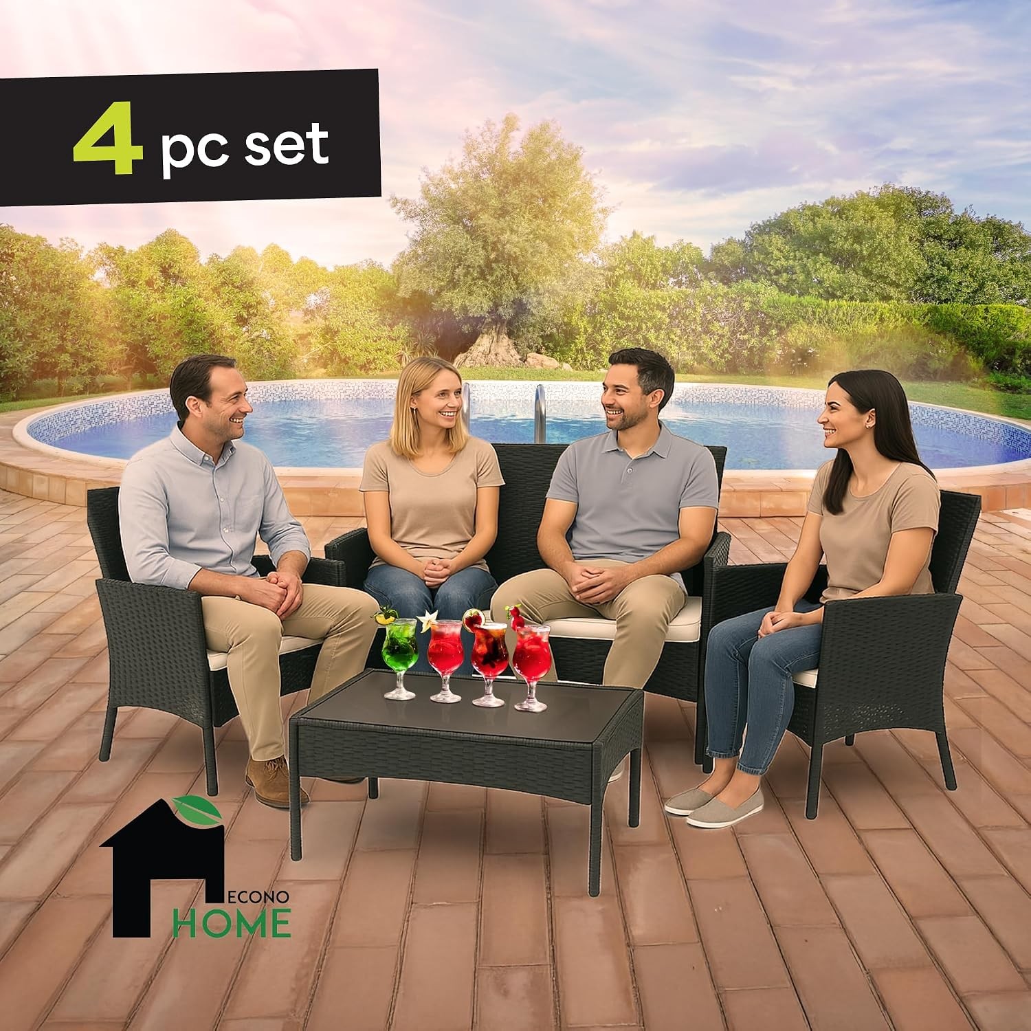 4-Piece Outdoor Patio Furniture Set Patio Set W/ 2 Rattan Chairs 1 Loveseat & 1
