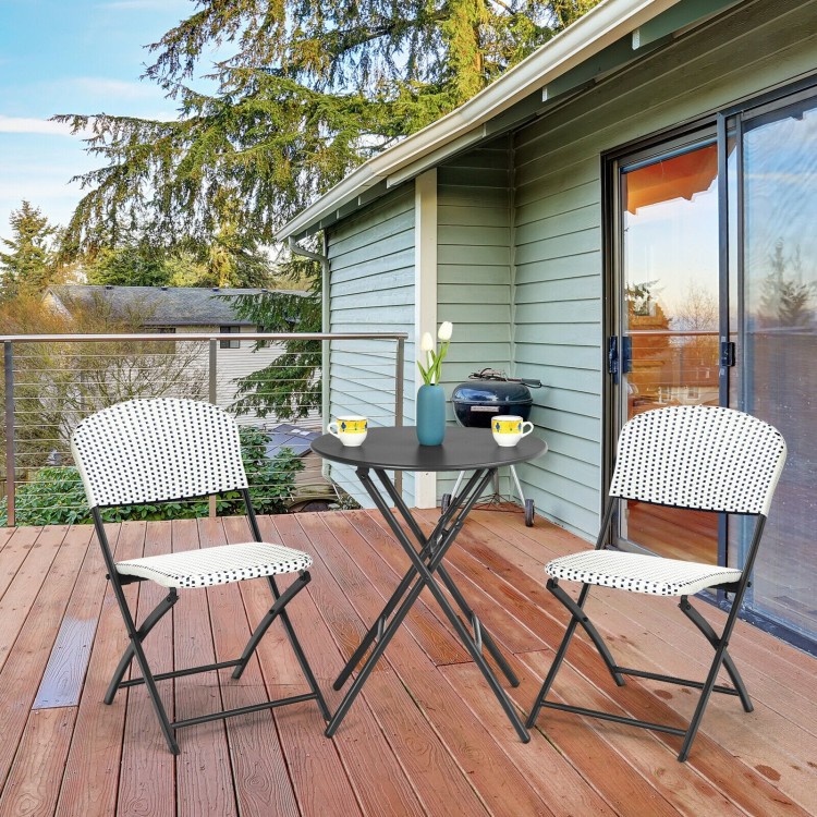 PE Rattan Bistro Set: 3-Pc, 23.5″ Round Table, 2x330lb Chairs, Steel Frame