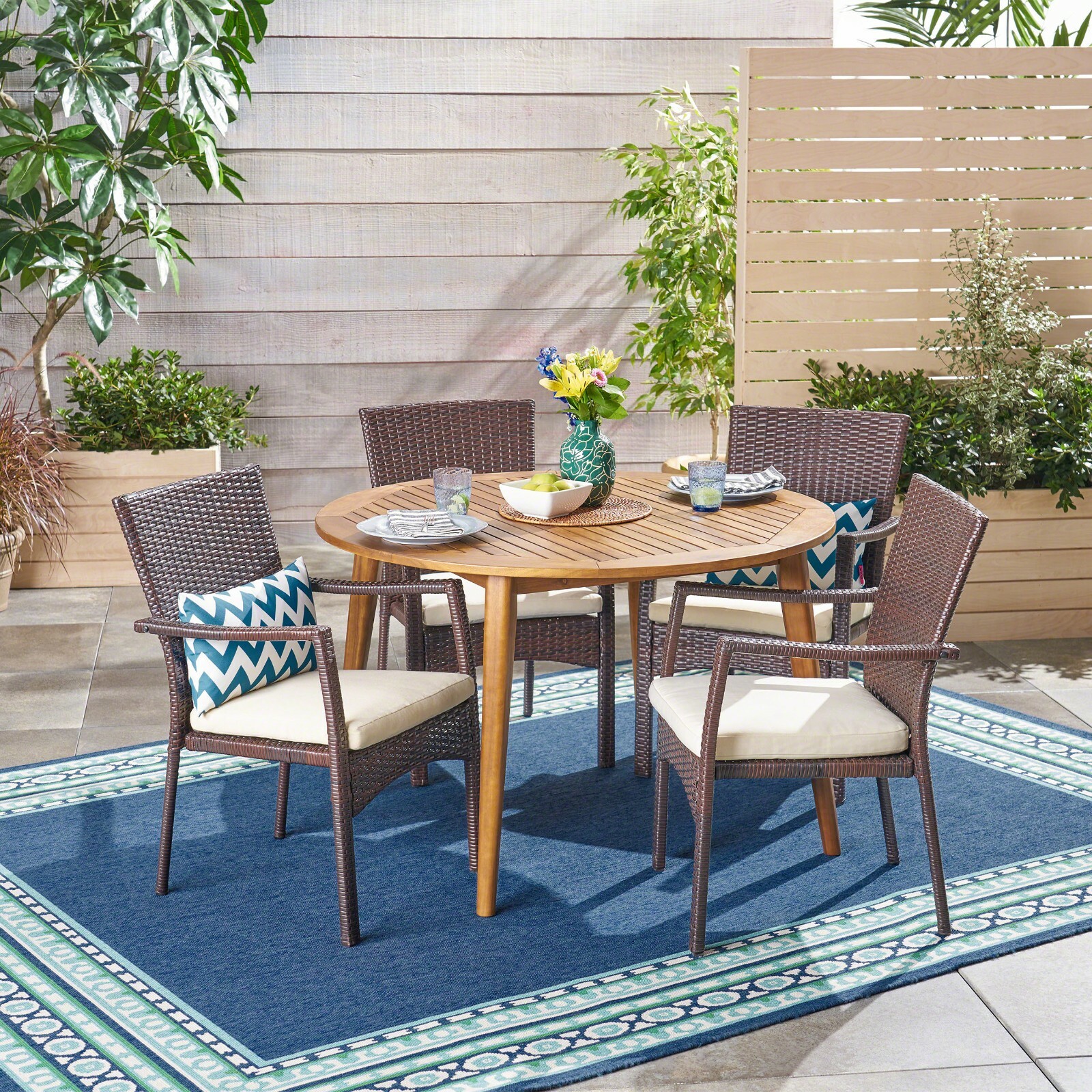 Hoff Outdoor Coastal 5 Piece Wicker Dining Set with Round Acacia Wood Table