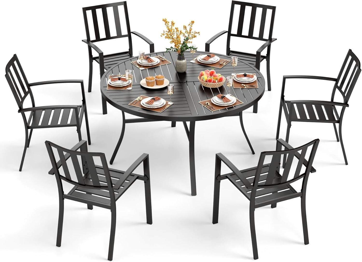 7 Pieces Outdoor Dining Set Patio Metal Chairs 42″ Round Table Furniture Set