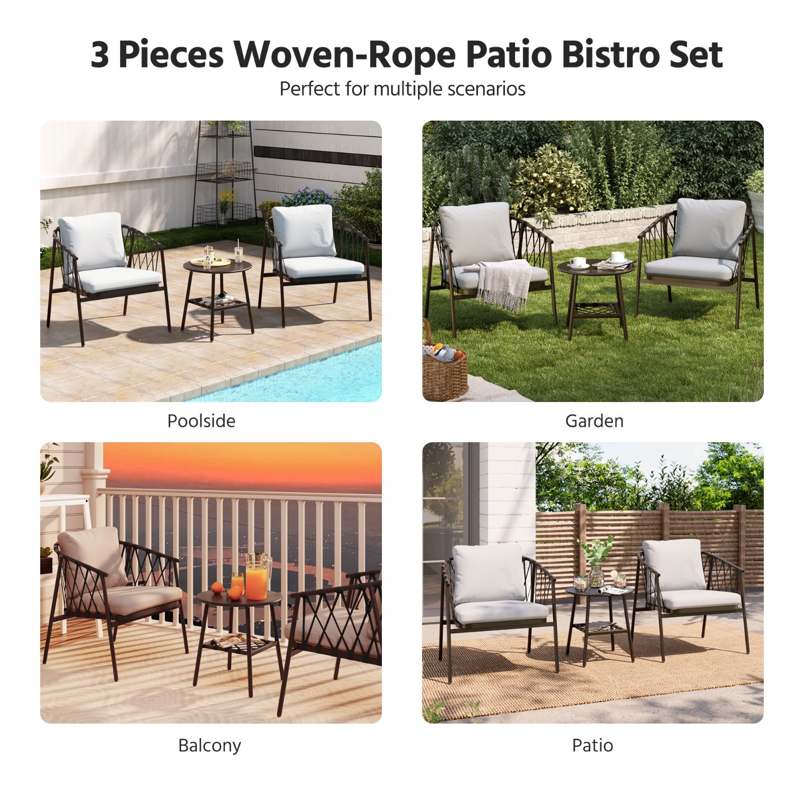 LAUSAINT HOME 3Handwoven Rope 3-Piece Bistro Set Piece Outdoor Patio Dining Set