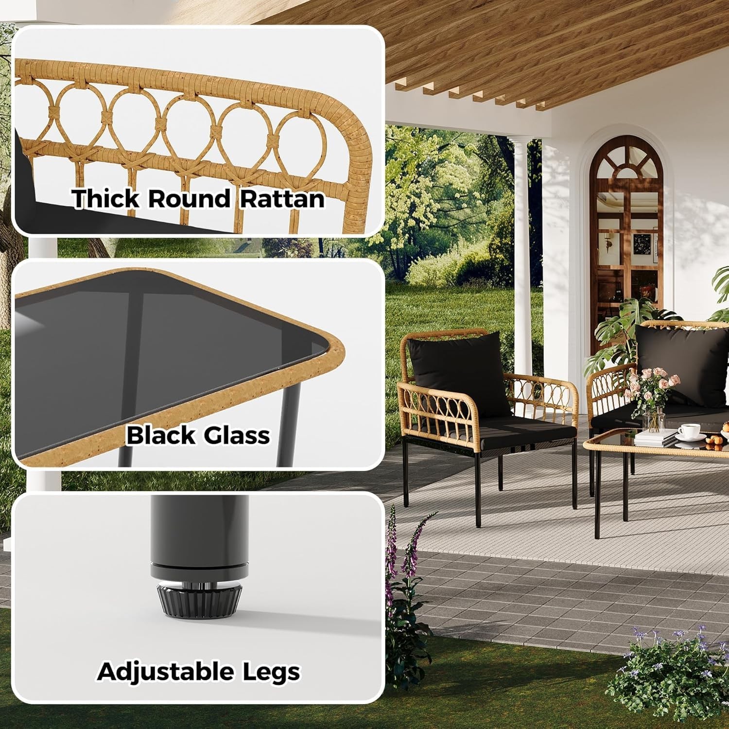 4 Piece Outdoor Patio Furniture Set, All-Weather Wicker Table and Chair Set Set