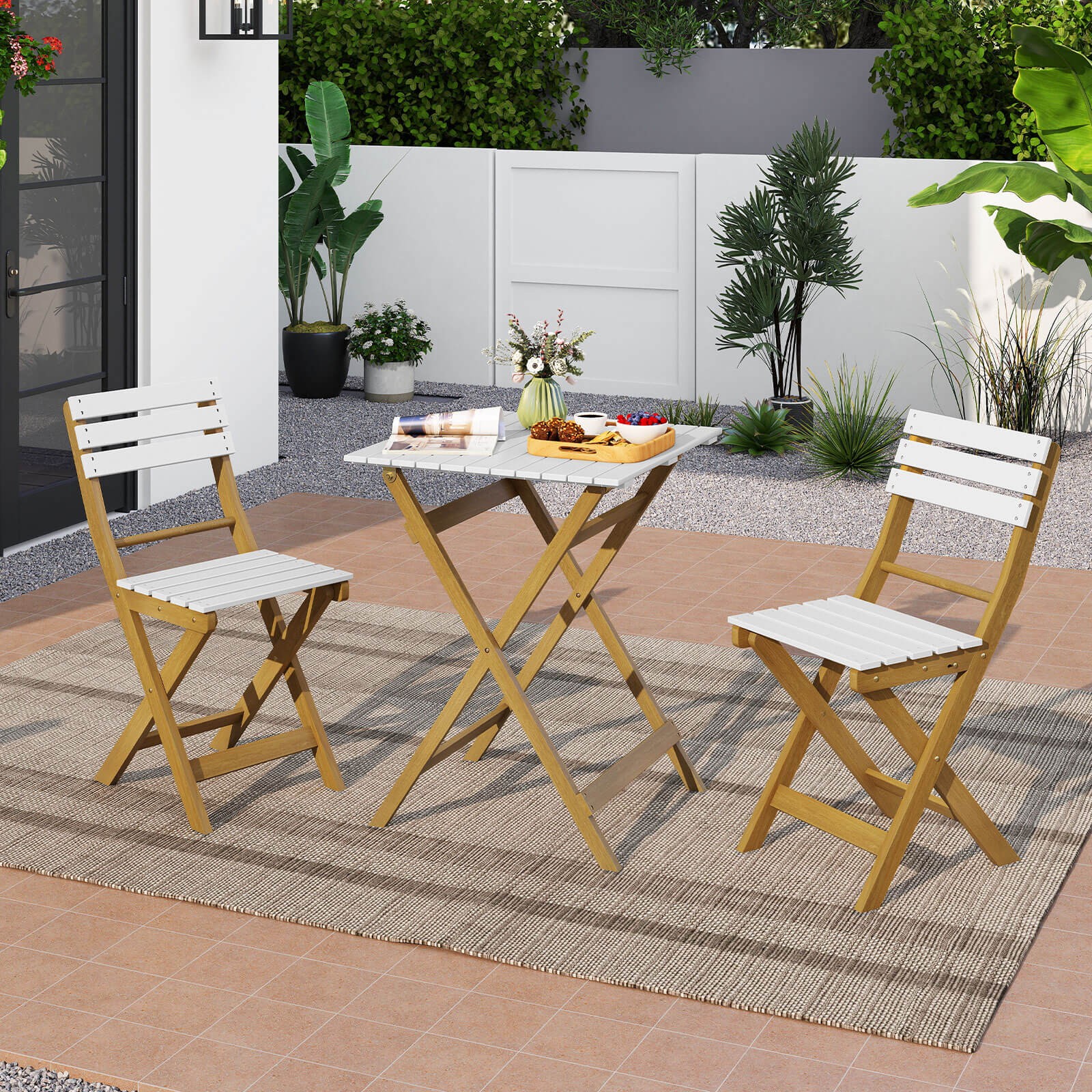 3PCS Folding Patio Bistro Set w/Slatted Design Small Outdoor Furniture Set
