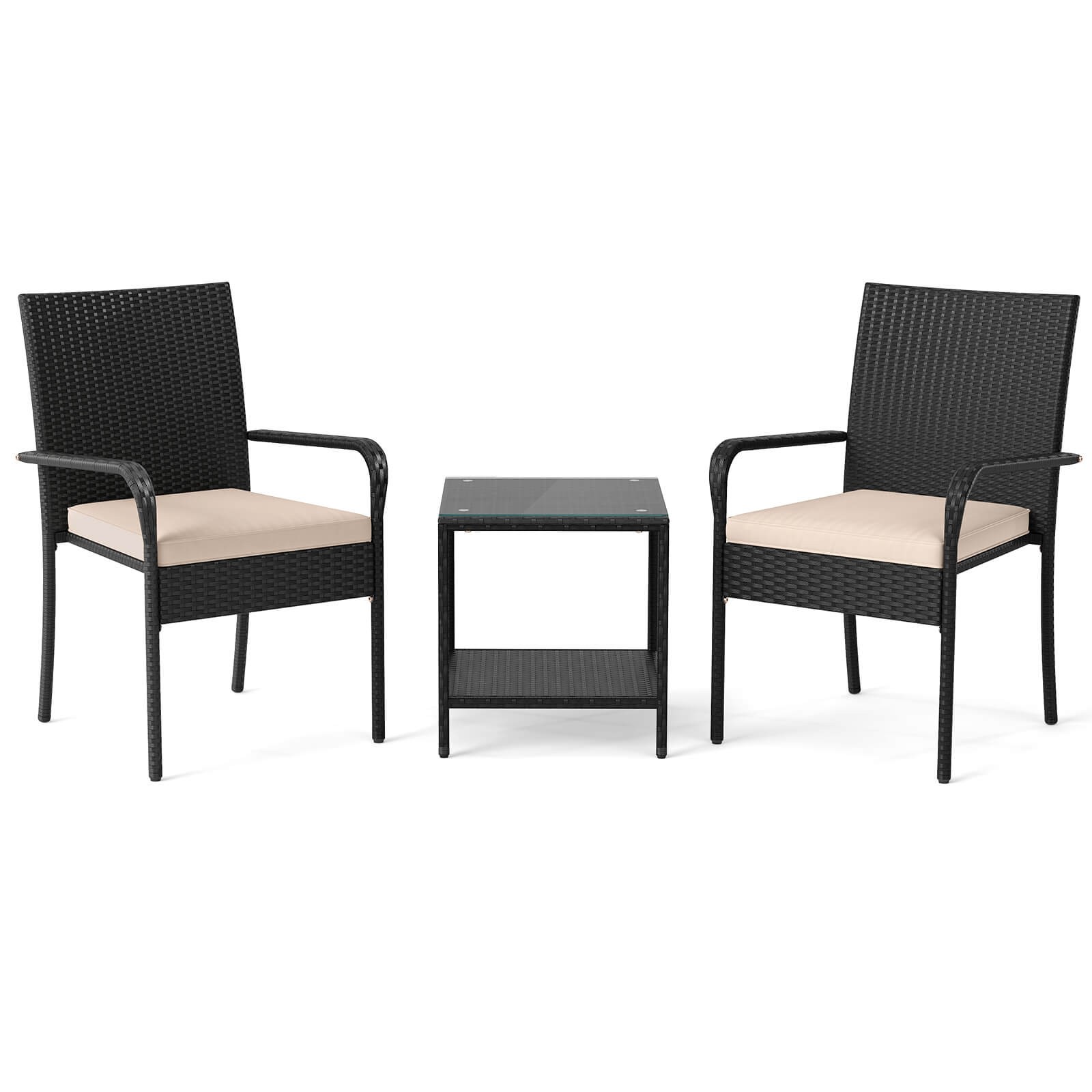 3 PCS Patio Furniture Set w/2-Tier Table Tempered Glass Tabletop & Soft Cushions
