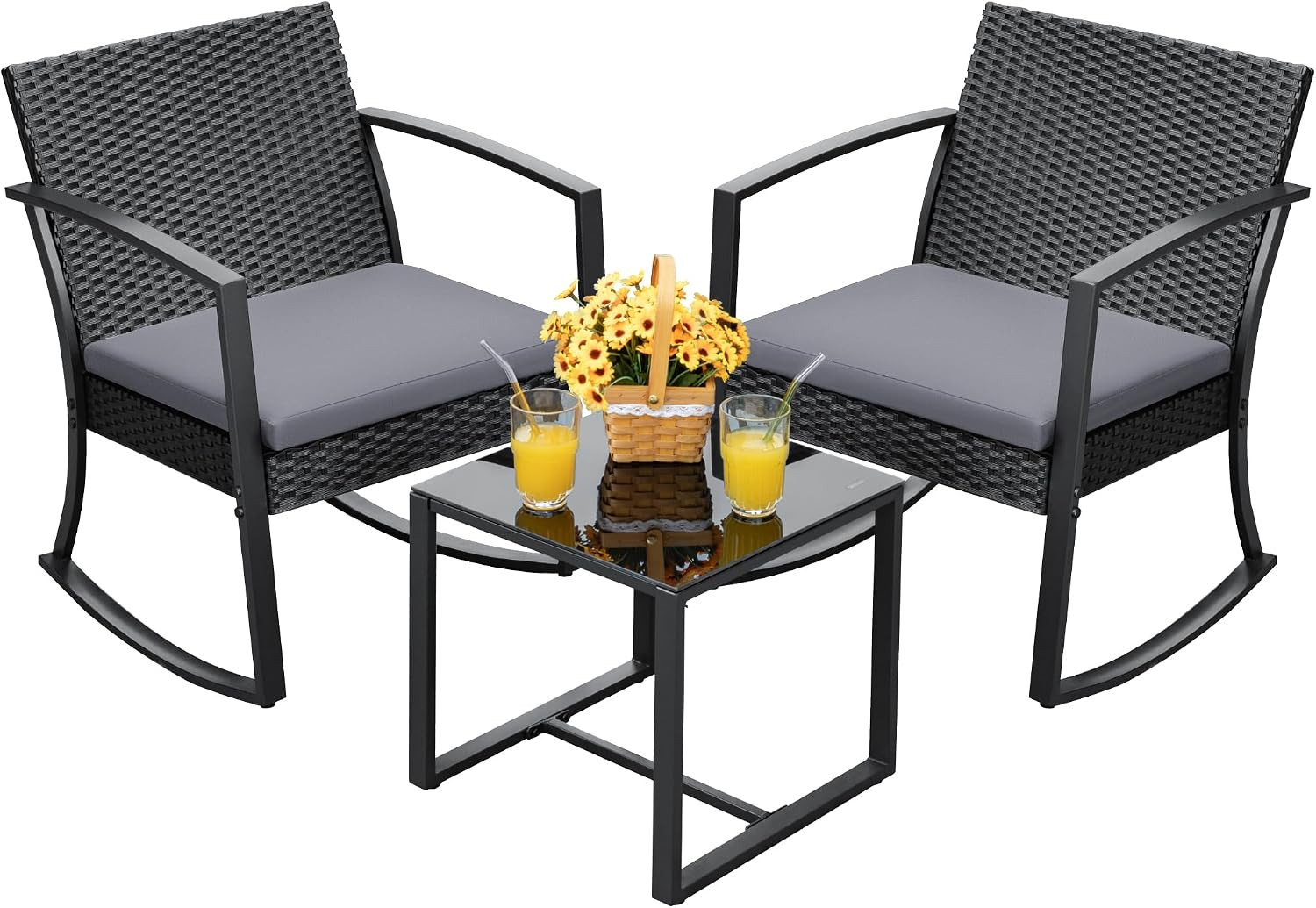 Resin Patio Furniture Set 3 Piece All Weather Outdoor Rocking Chairs with Cushio