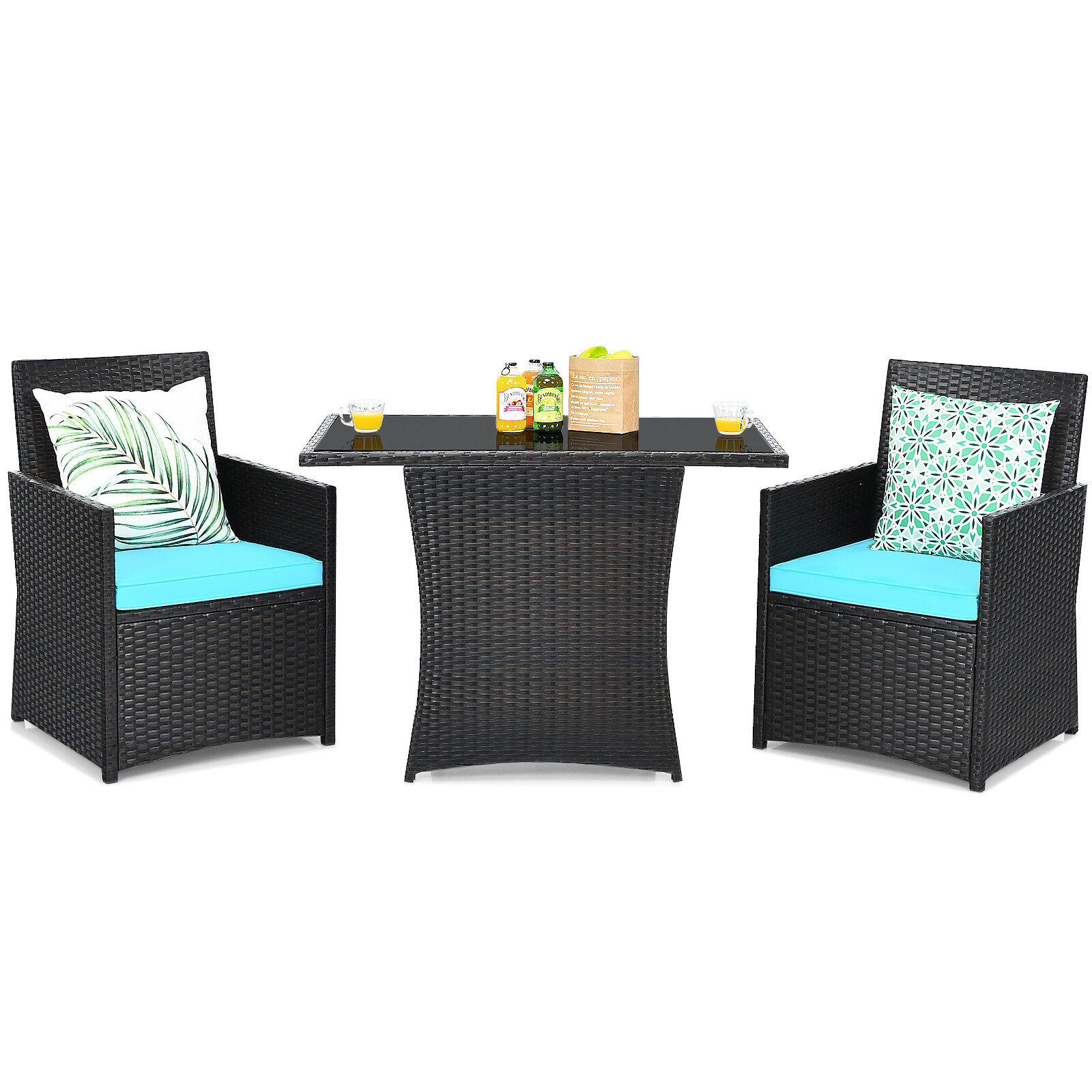 Costway 3PCS Patio Rattan Furniture Set Cushion Sofa Armrest Garden Turquoise