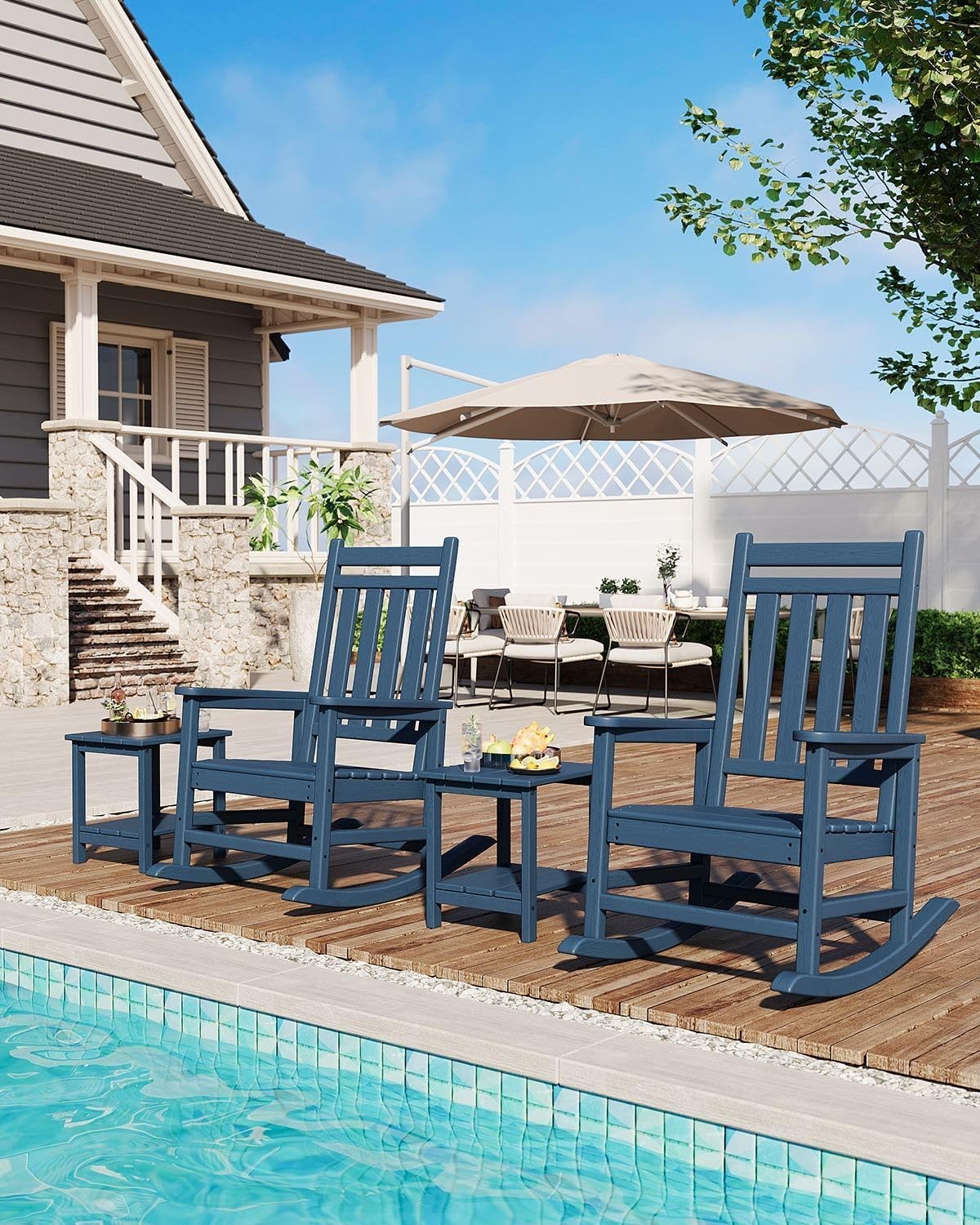 Set of 3 HDPE Rocking Chairs w/ Side Table High Back 350 lbs Patio Porch Rockers