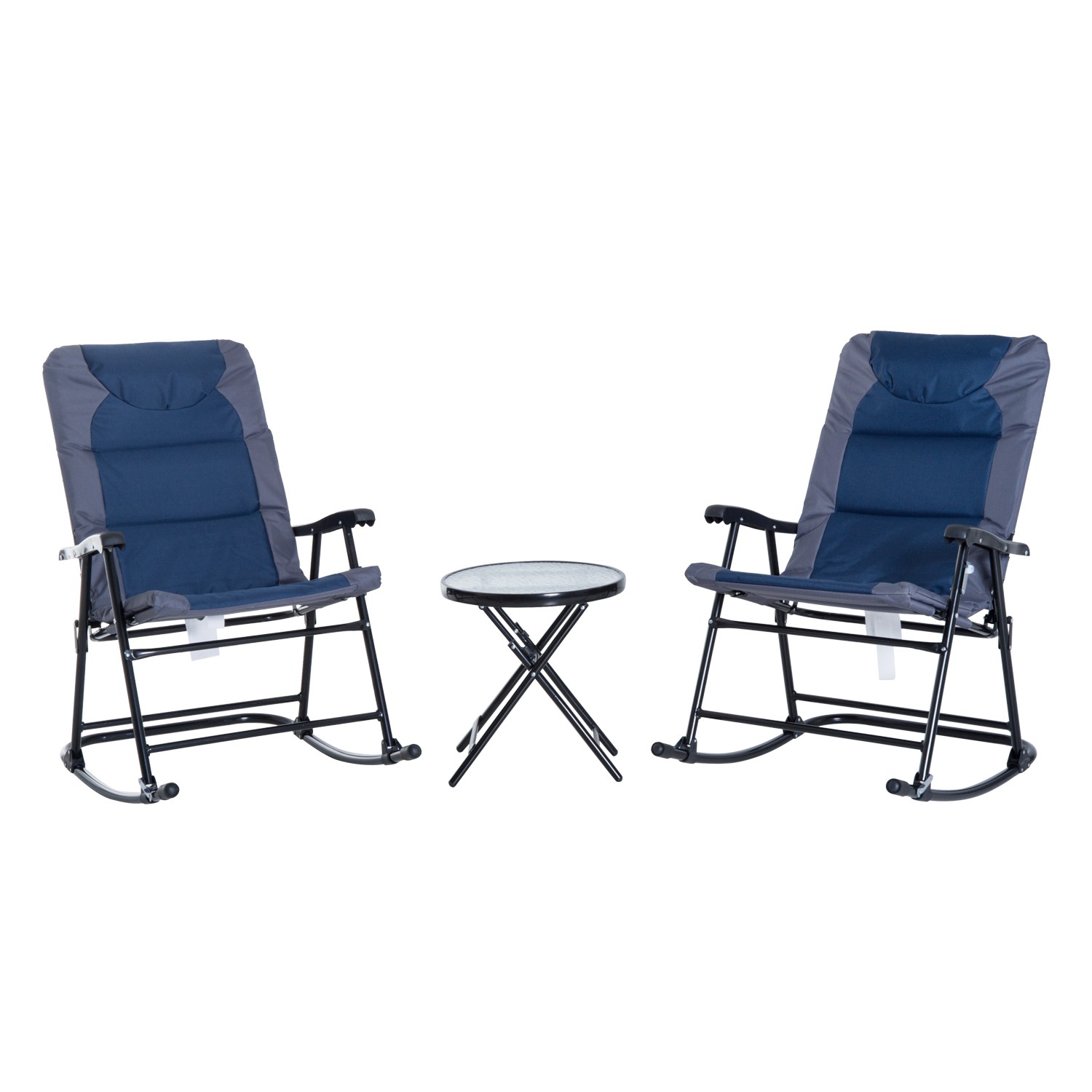 3-Piece Bistro Set with Glass Table & 2 Folding Padded Rocking Chairs
