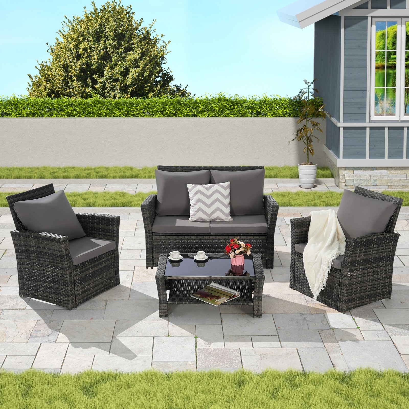 4-Piece Outdoor Patio Furniture Set Rattan Chairs Glass Coffee Table