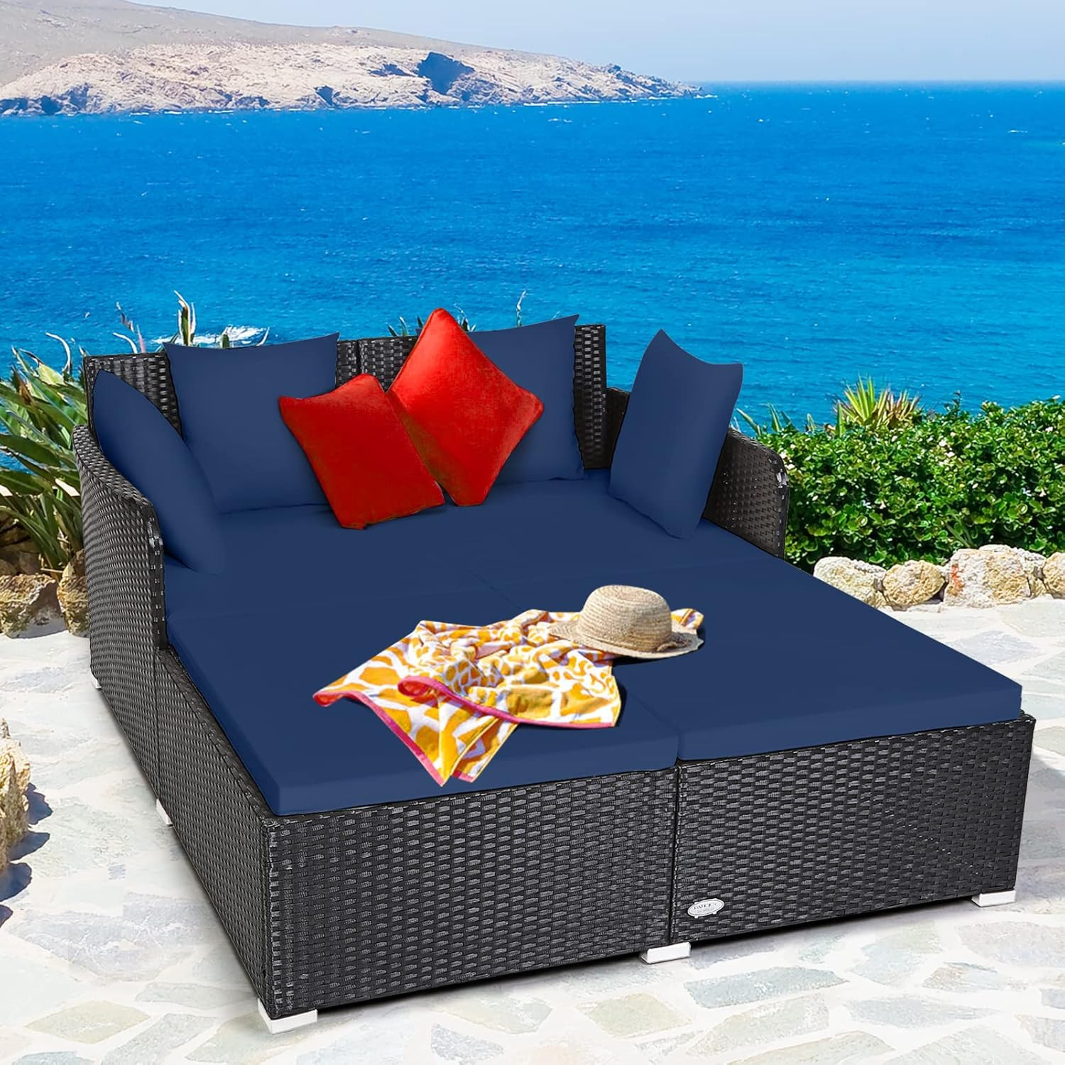 Outdoor Rattan Daybed, Sunbed Wicker Furniture W/Spacious Seat, Upholstered Cush