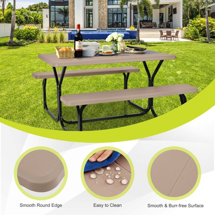 HDPE Rectangular Patio Picnic Table Bench Set Camping Dining Seat W/ Metal Base
