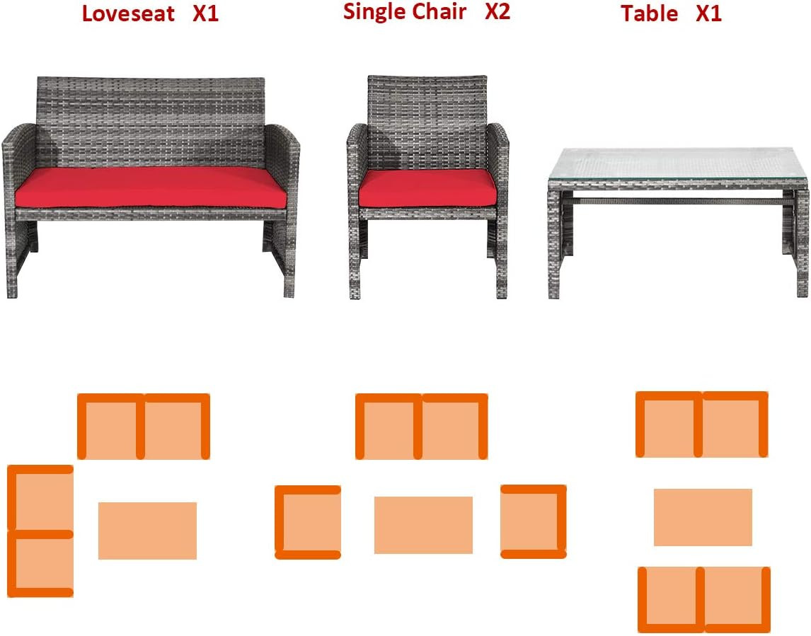 4 PCS Wicker Patio Conversation Set, Outdoor Rattan Sofas with Table Set, Patio