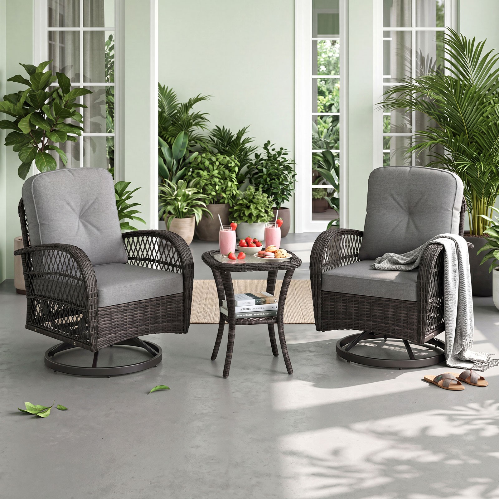3PCS Patio Swivel Rocker Set Gliding Bistro Furniture Set with Tempered Glass