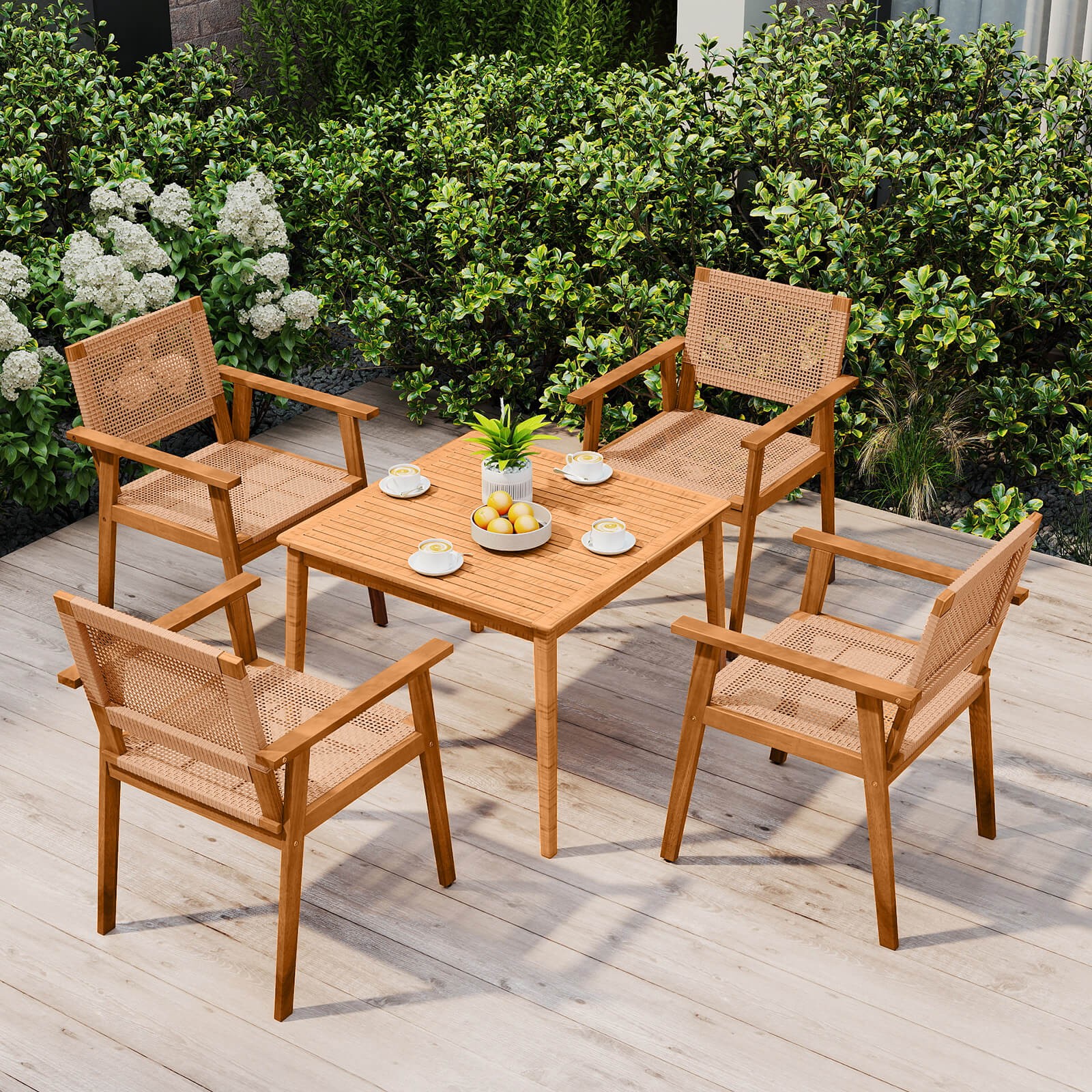 Acacia Wood Outdoor Dining Chairs Set of 2, Boho Style Outside Wicker Armchairs