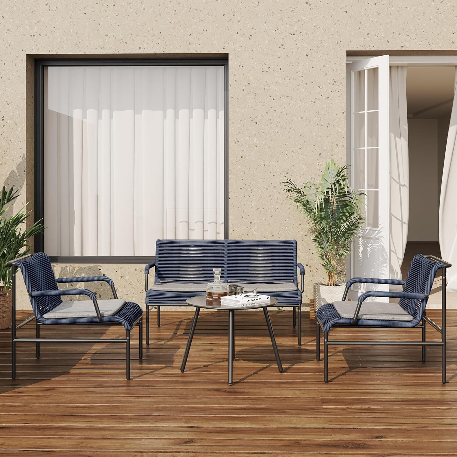 Navy Blue 4-Piece Patio Furniture Set with Wicker Chairs & Coffee Table