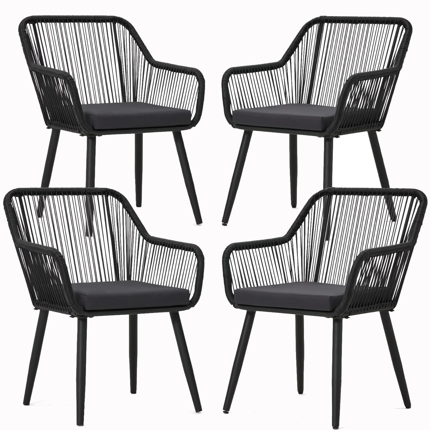 Outdoor Wicker Dining Chairs Set Rattan with Cushions Armrests 350lb Capacity