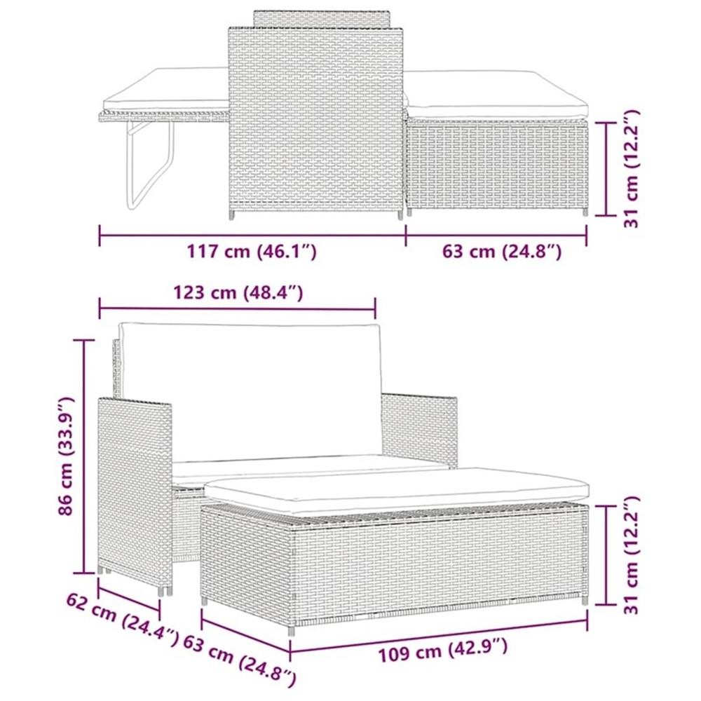 Pemberly Row 2-Seater Rattan & Powder-Coated Steel & Polyester Sofa Set in Gray