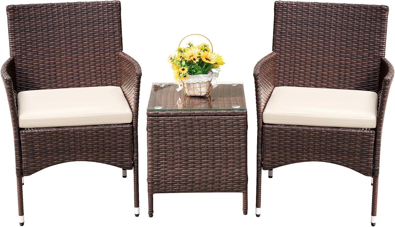 Modern 3-Piece Outdoor Furniture Set – Comfortable Rattan Chairs & Glass Table