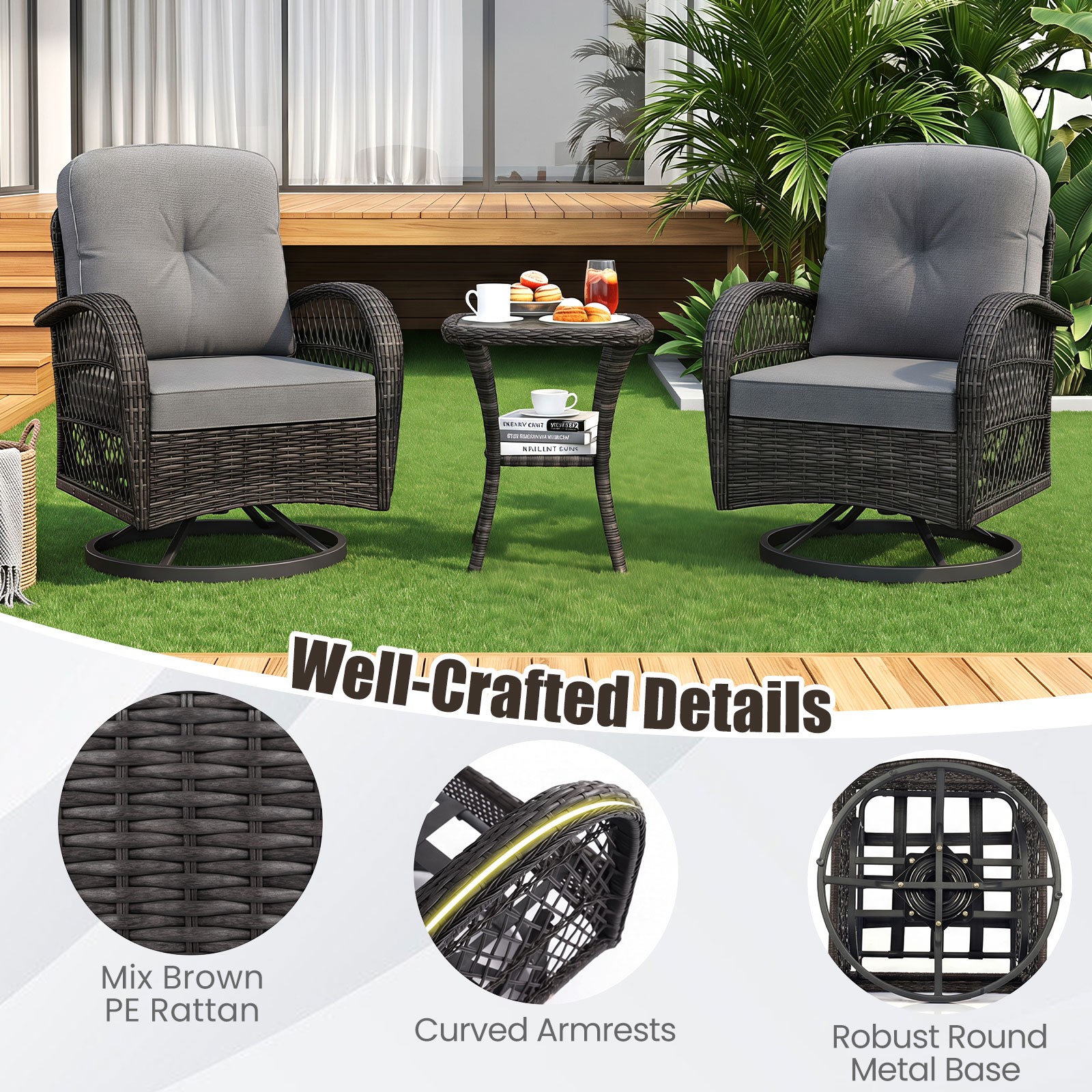 3PCS Patio Swivel Rocker Set Gliding Bistro Furniture Set with Tempered Glass