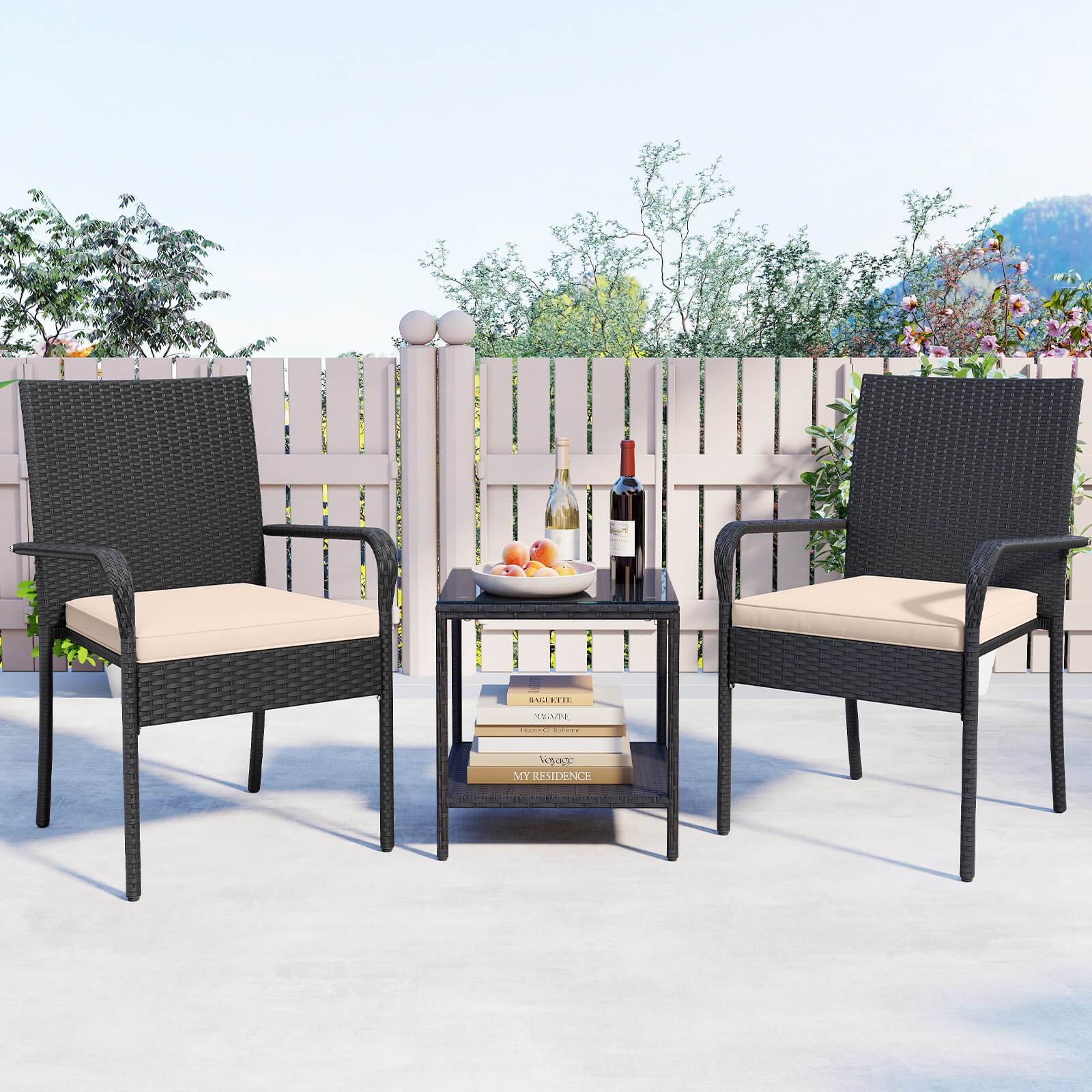 3 PCS Patio Furniture Set w/2-Tier Table Tempered Glass Tabletop & Soft Cushions
