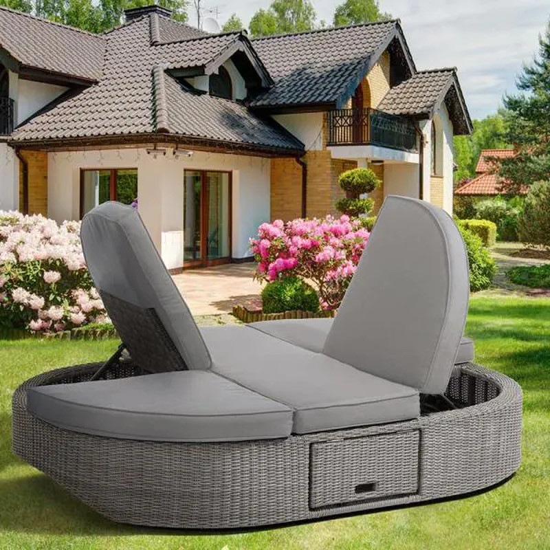 Gray Wicker Outdoor Patio Dual Reclining Sofa Daybed Side Tables Gray Cushions