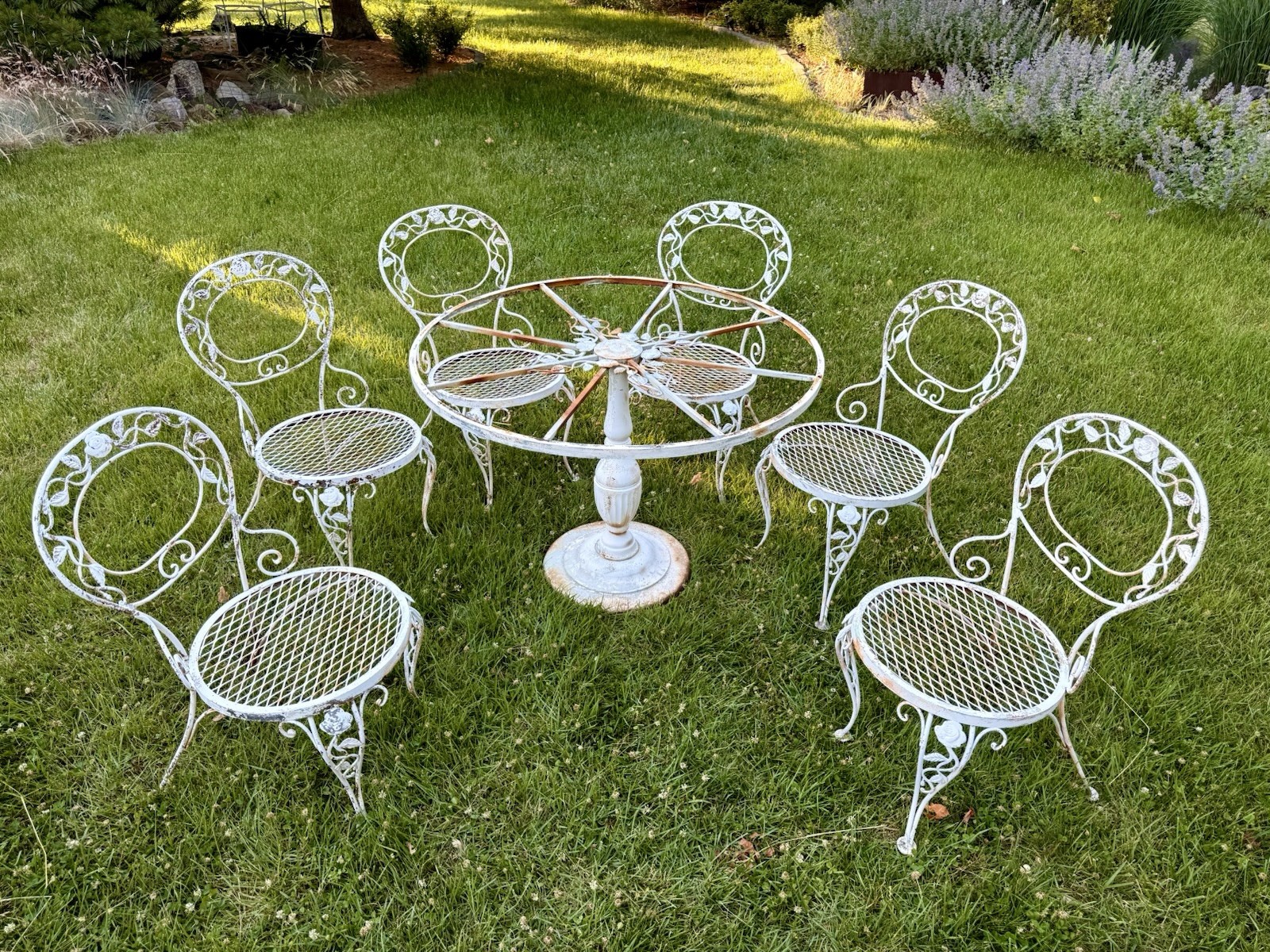 Vintage Woodard Chantilly Rose Wrought Iron Patio Dining Set Table + 6 Chairs