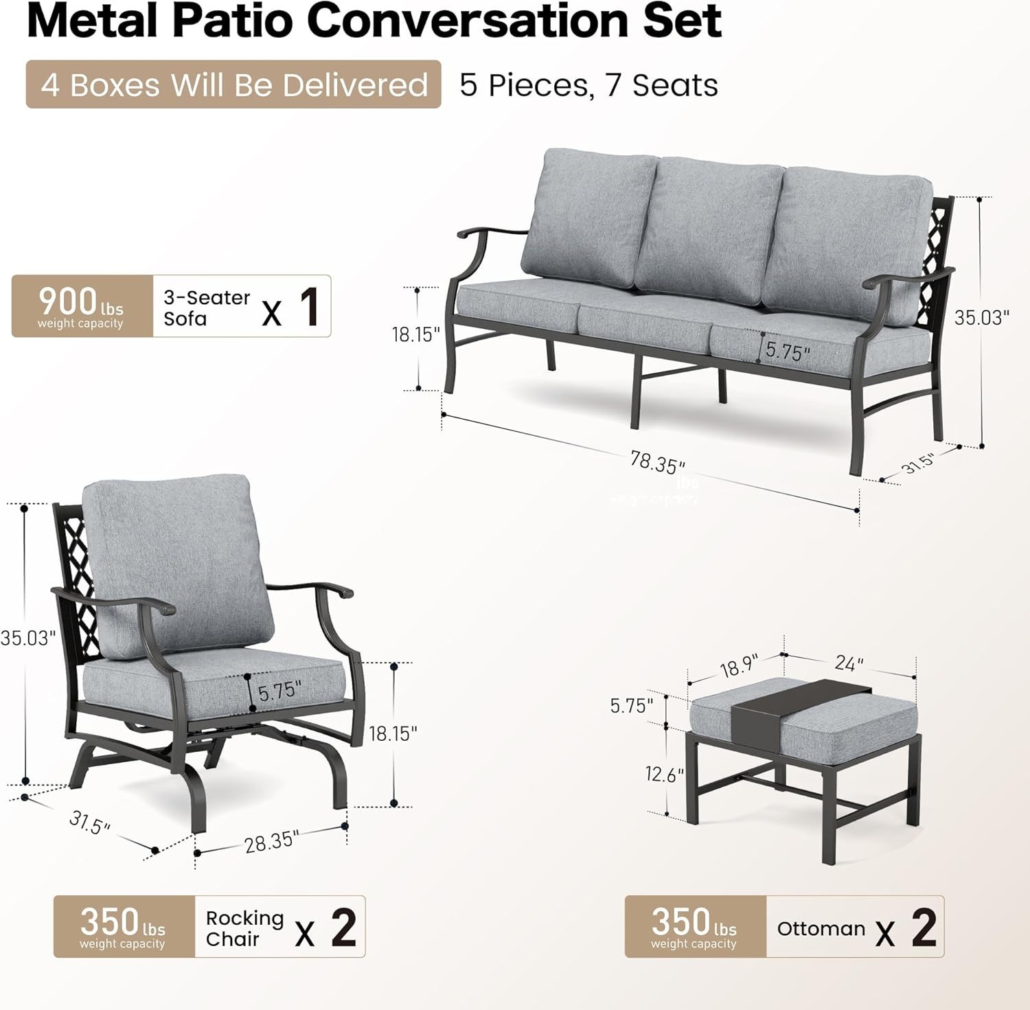 5 PCS Patio Furniture Set Outdoor Conversation Set Metal Rocking Chairs Backyard