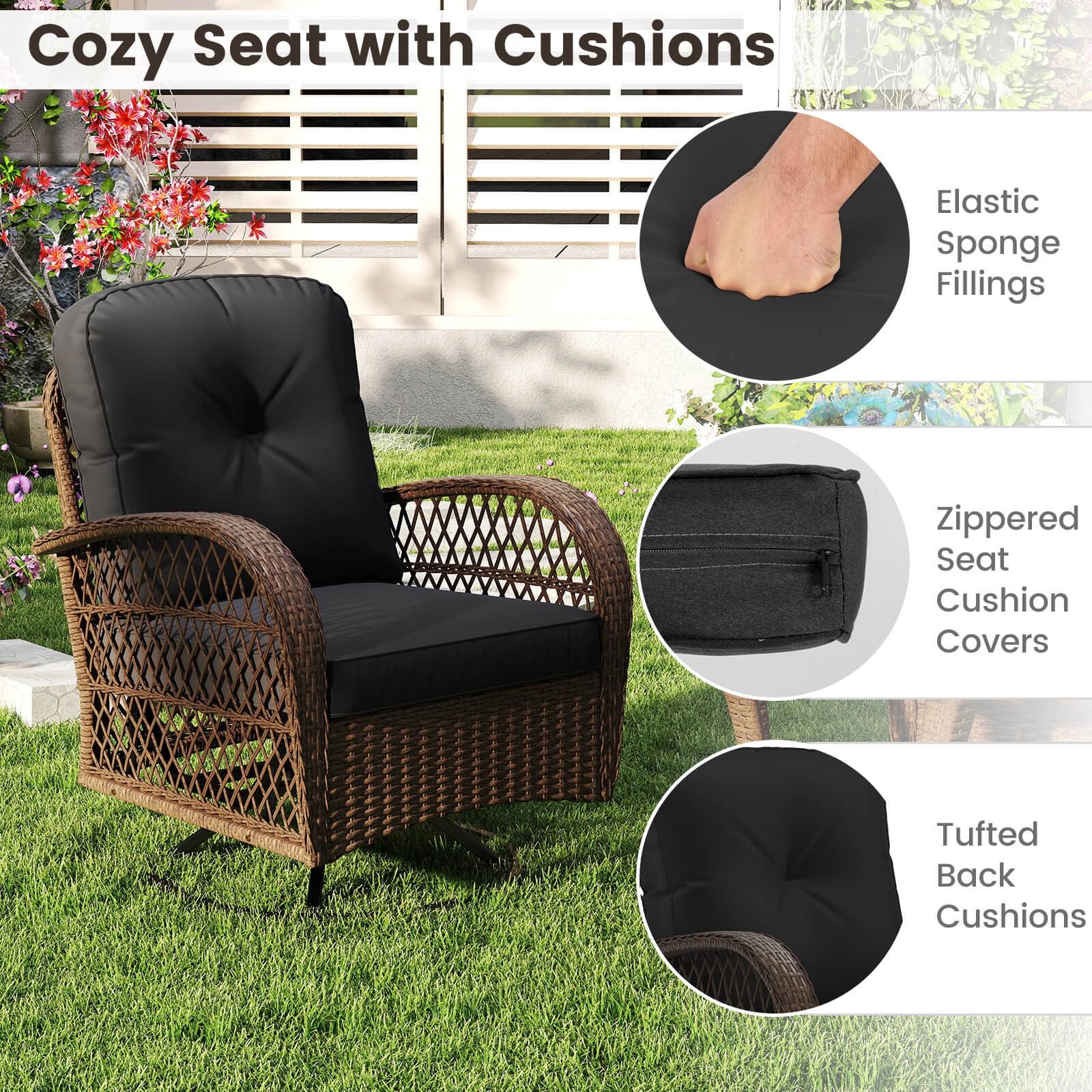 3 PCS Patio Swivel Rocker Set Gliding Bistro Furniture Set w/ Tempered Glass