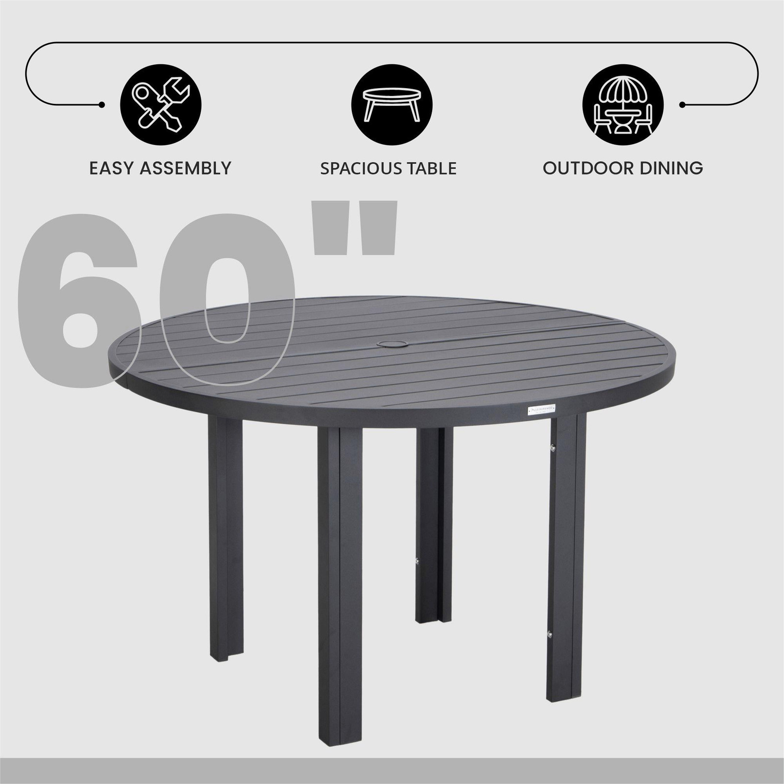 Round Slatted Dining Table Powder-Coated Aluminum with Umbrella Hole in Black