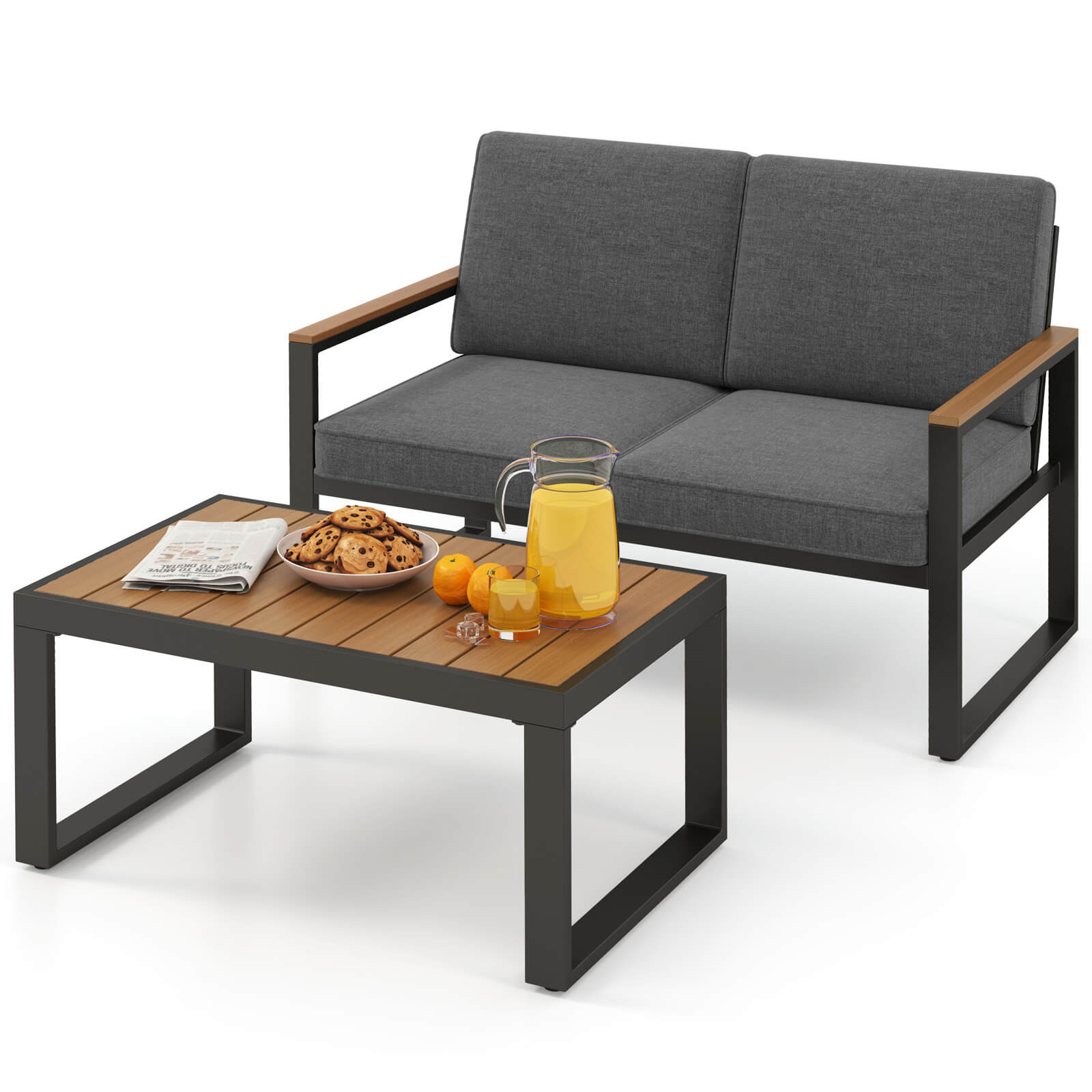 2 PCS Patio Aluminum Furniture Set Cushioned Sectional Sofa with Coffee Table