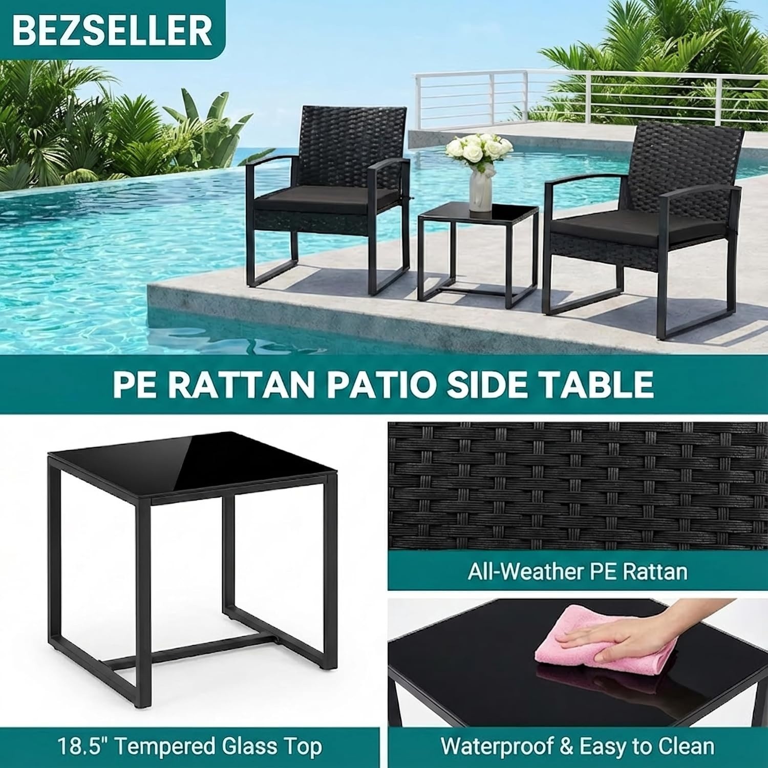 3 Pieces Patio Furniture Set, Outdoor Rattan Bistro Set W/ Coffee Table, Durable