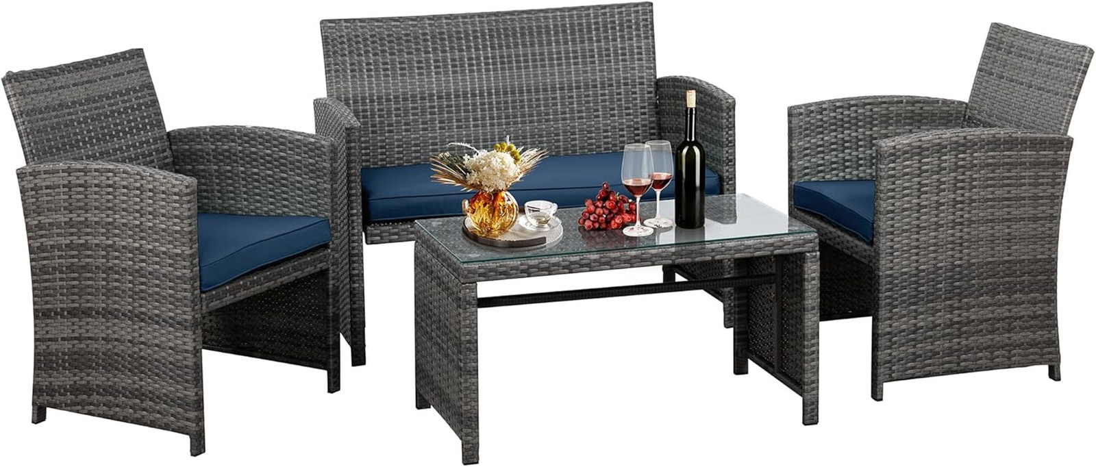 Dark Blue 4-Piece Outdoor Wicker Patio Furniture Set with Cushions & Table