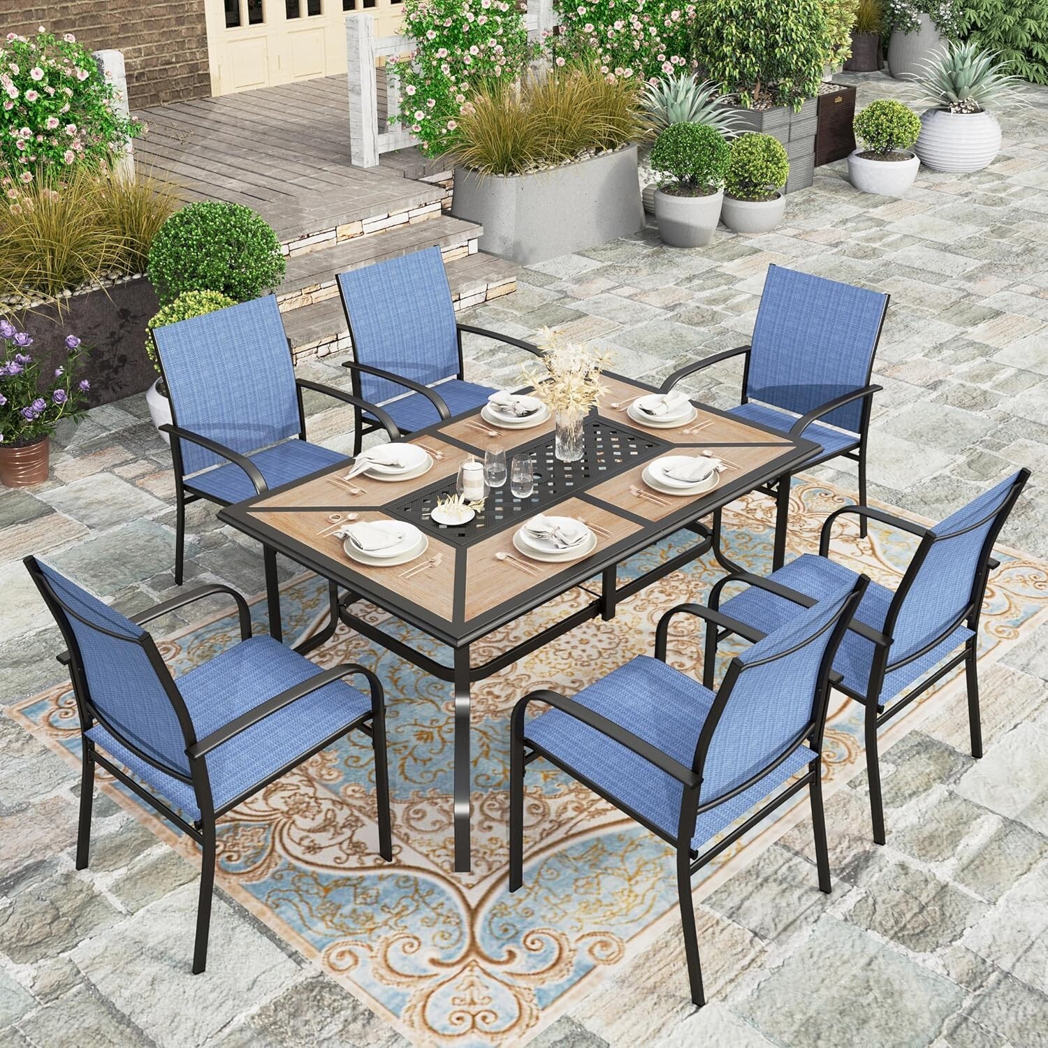 7 Piece Patio Dining Set Outdoor Table Chairs Set with Umbrella Hole Blue