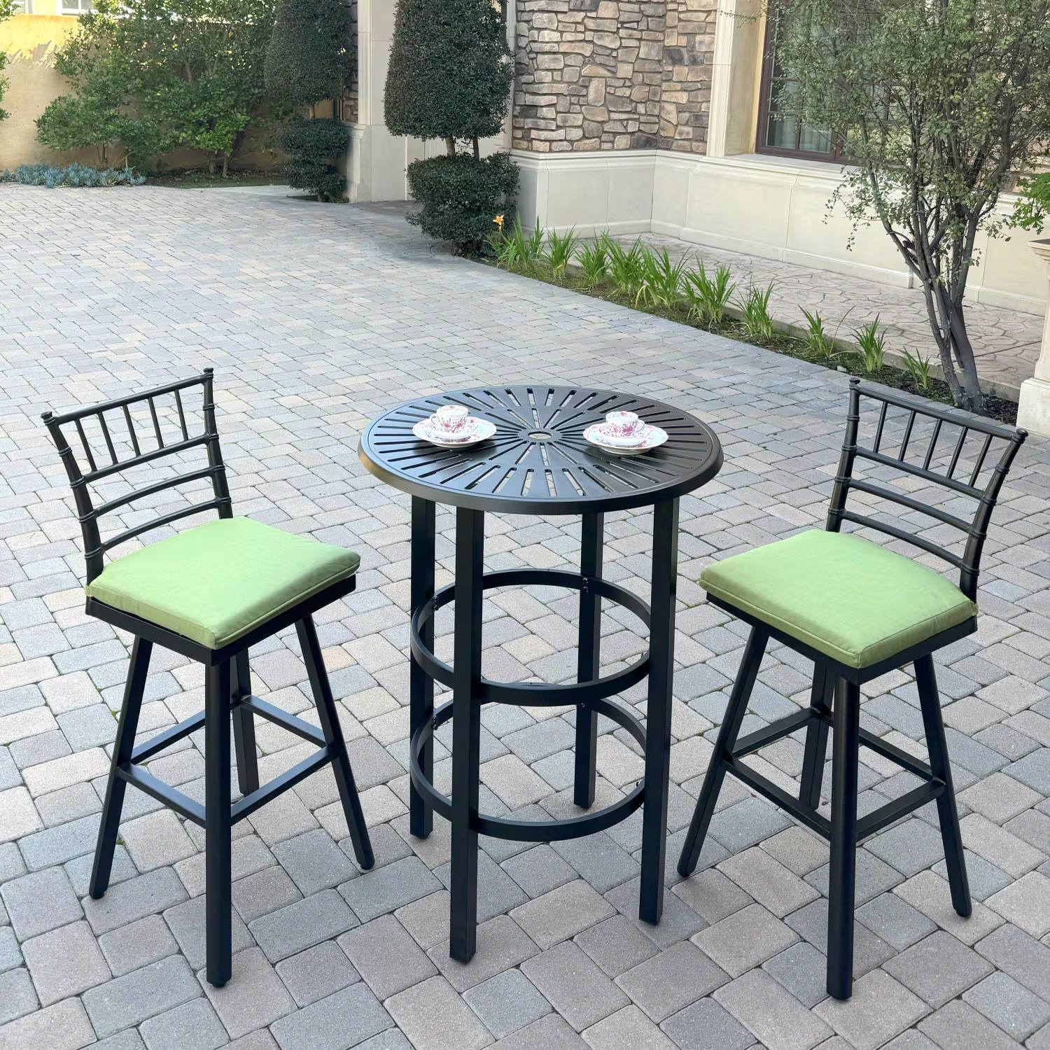 Bella Aluminum 3 Pc Patio Bar Set 30-in Round Bar Table in Green by Darlee