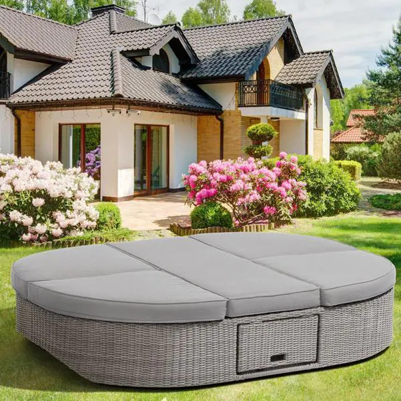 Gray Wicker Outdoor Patio Dual Reclining Sofa Daybed Side Tables Gray Cushions