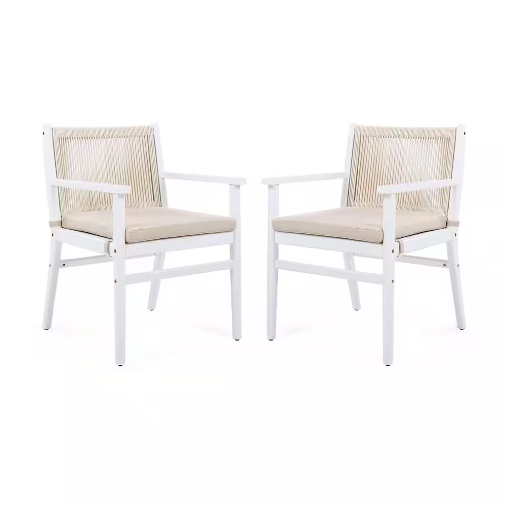 2-Piece Outdoor Dining Chairs Acacia Wood Patio Armchair with Rope and Cushion,