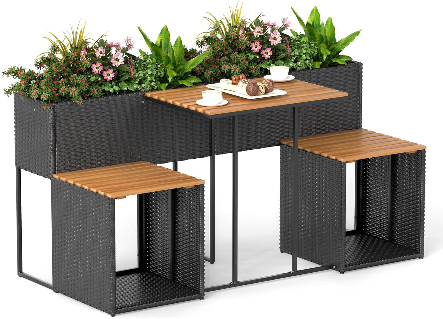 Tangkula Patio Furniture Set with Raised Garden Bed, PE Rattan Garden Planter Ta